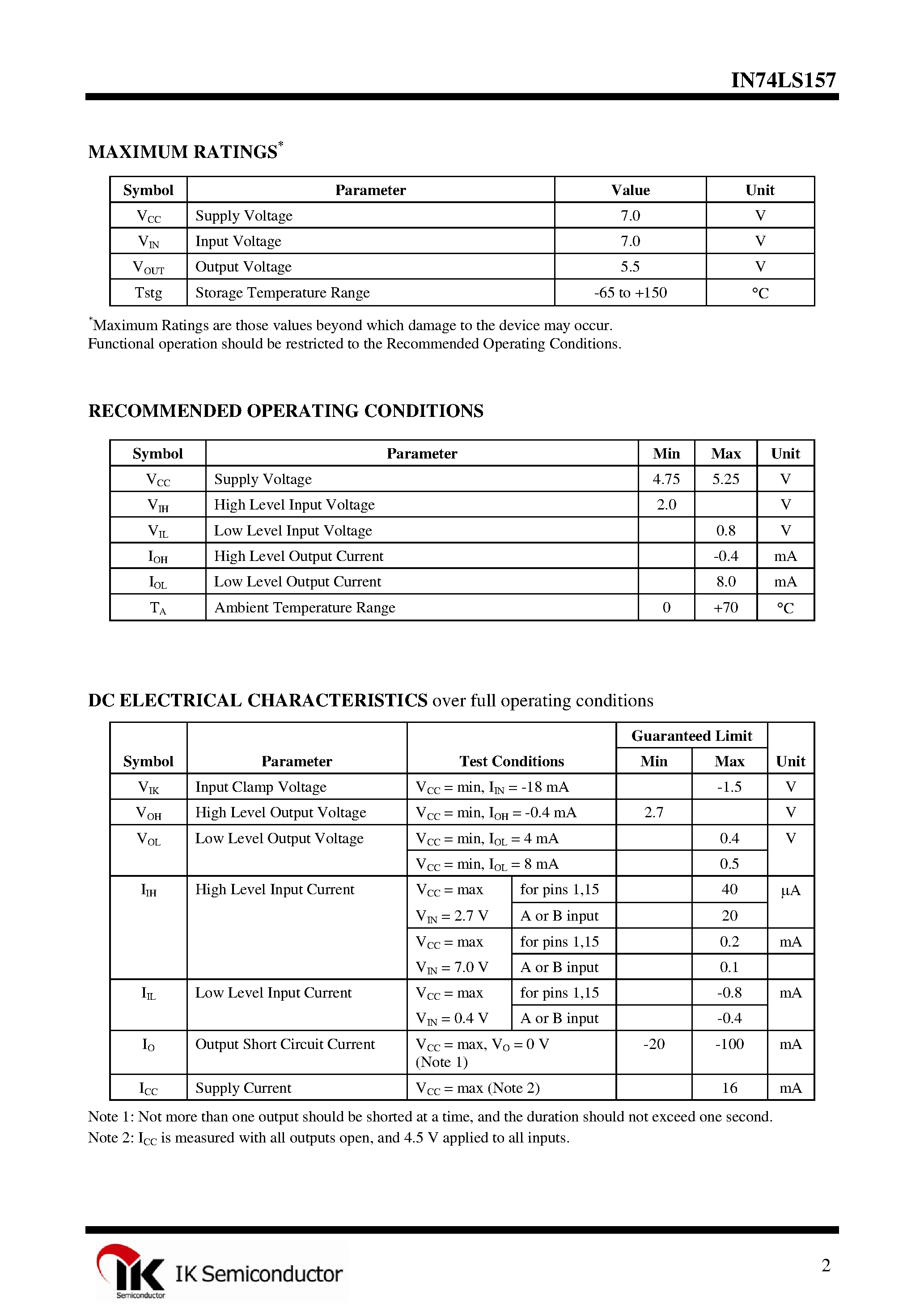 Даташит IN74LS157 - Quad 2-1 Data Selector/Multiplexer страница 2