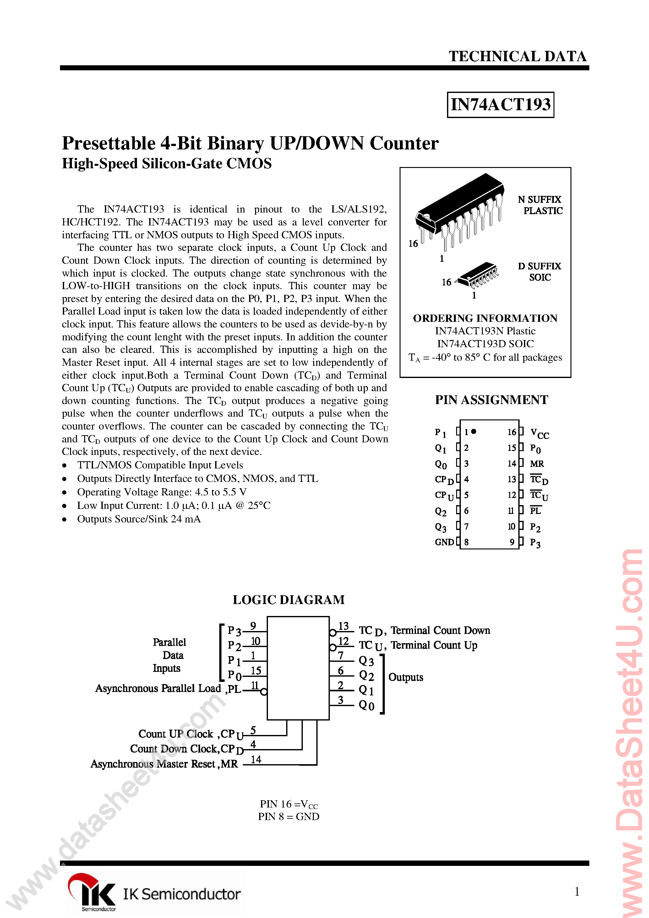 Даташит IN74ACT193 - 4-Bit Synchronous Binary Up/Down Counter страница 1