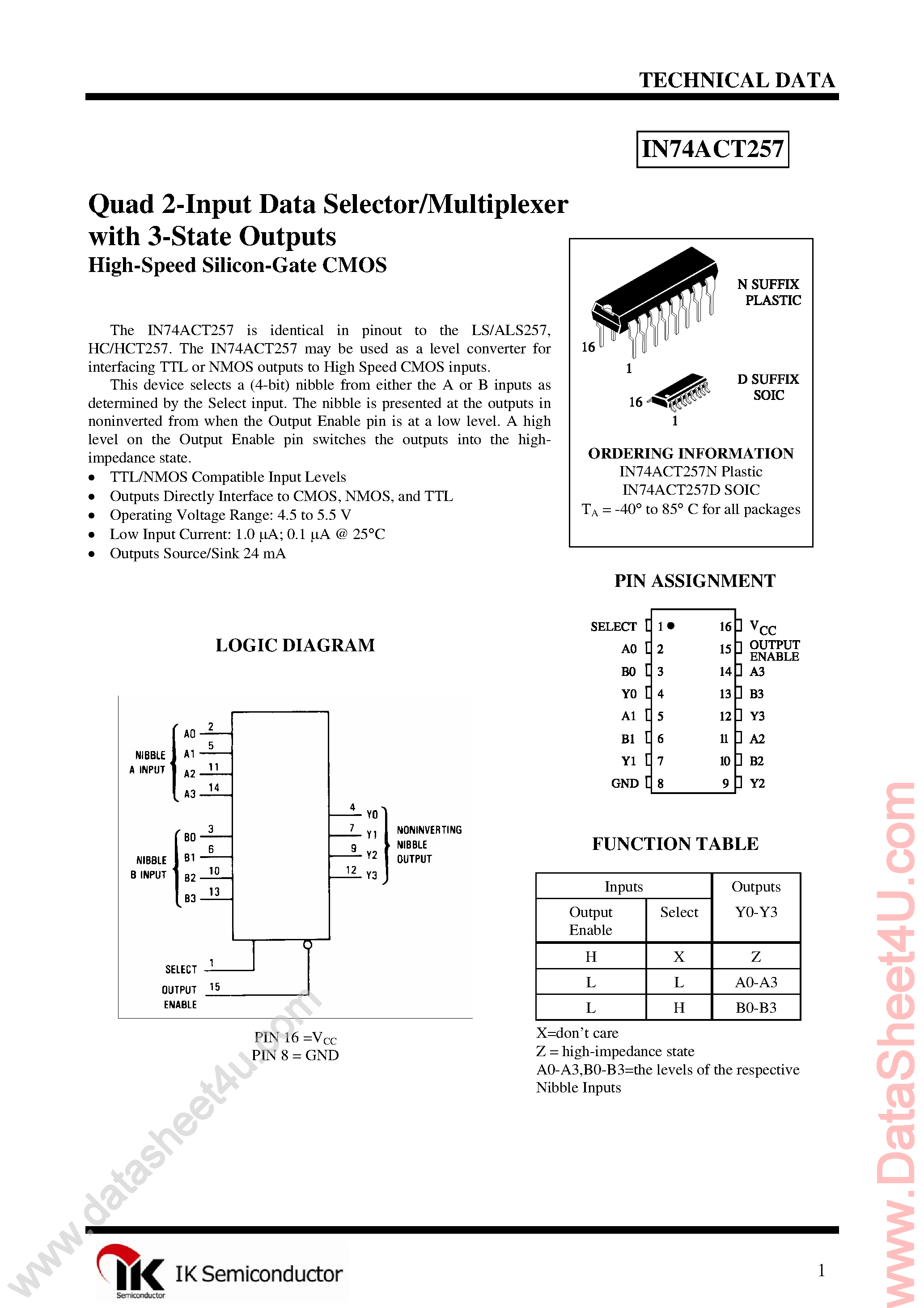 Datasheet IN74ACT257 page 1 Datasheet IN74ACT257 - Quad 2-1 Data Selector/Multiplexer page 1