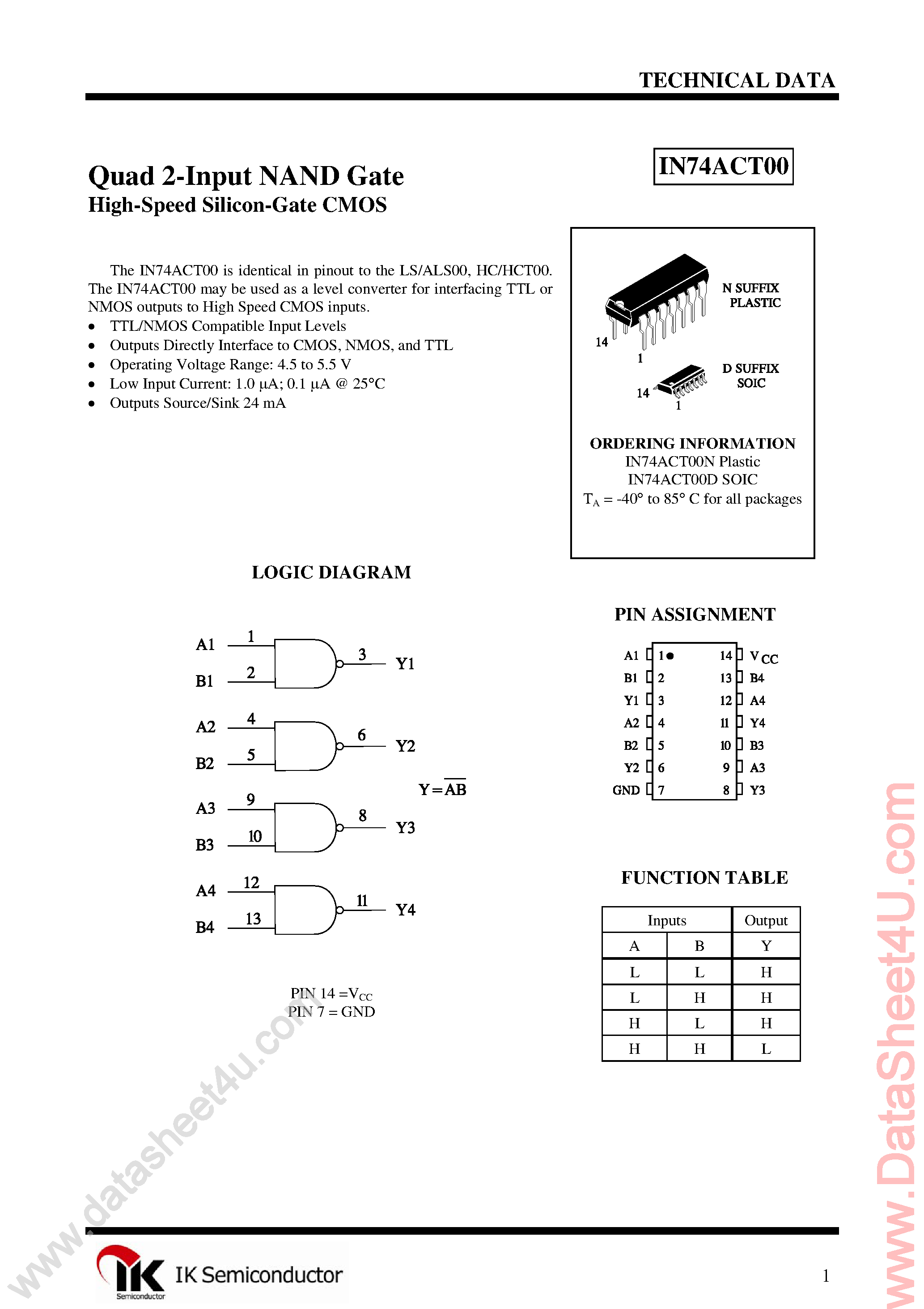 Datasheet IN74ACT00 page 1 Datasheet IN74ACT00 - Quad 2-Input NAND Gate page 1