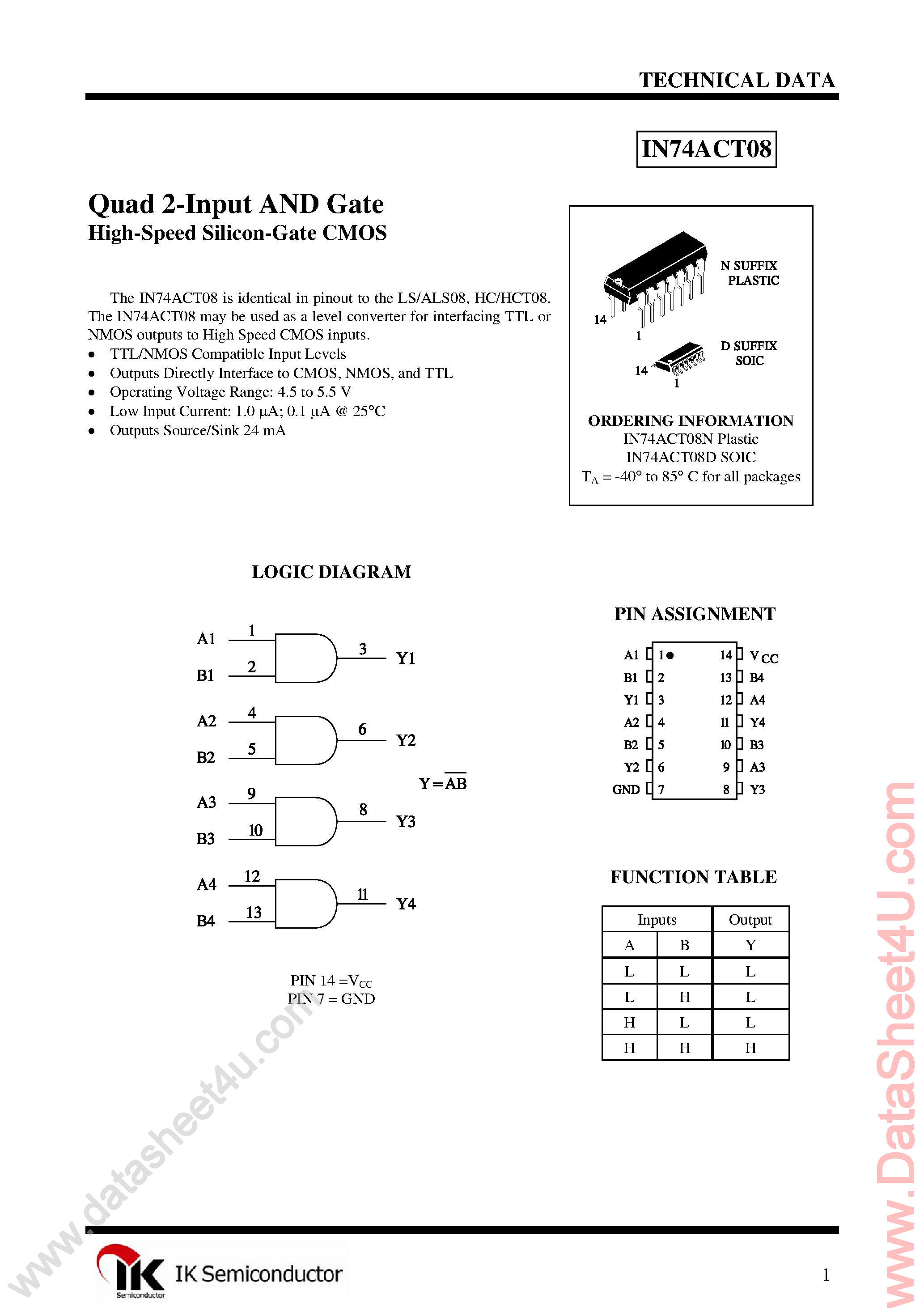 Datasheet IN74ACT08 page 1 Datasheet IN74ACT08 - Quad 2-Input AND Gate page 1