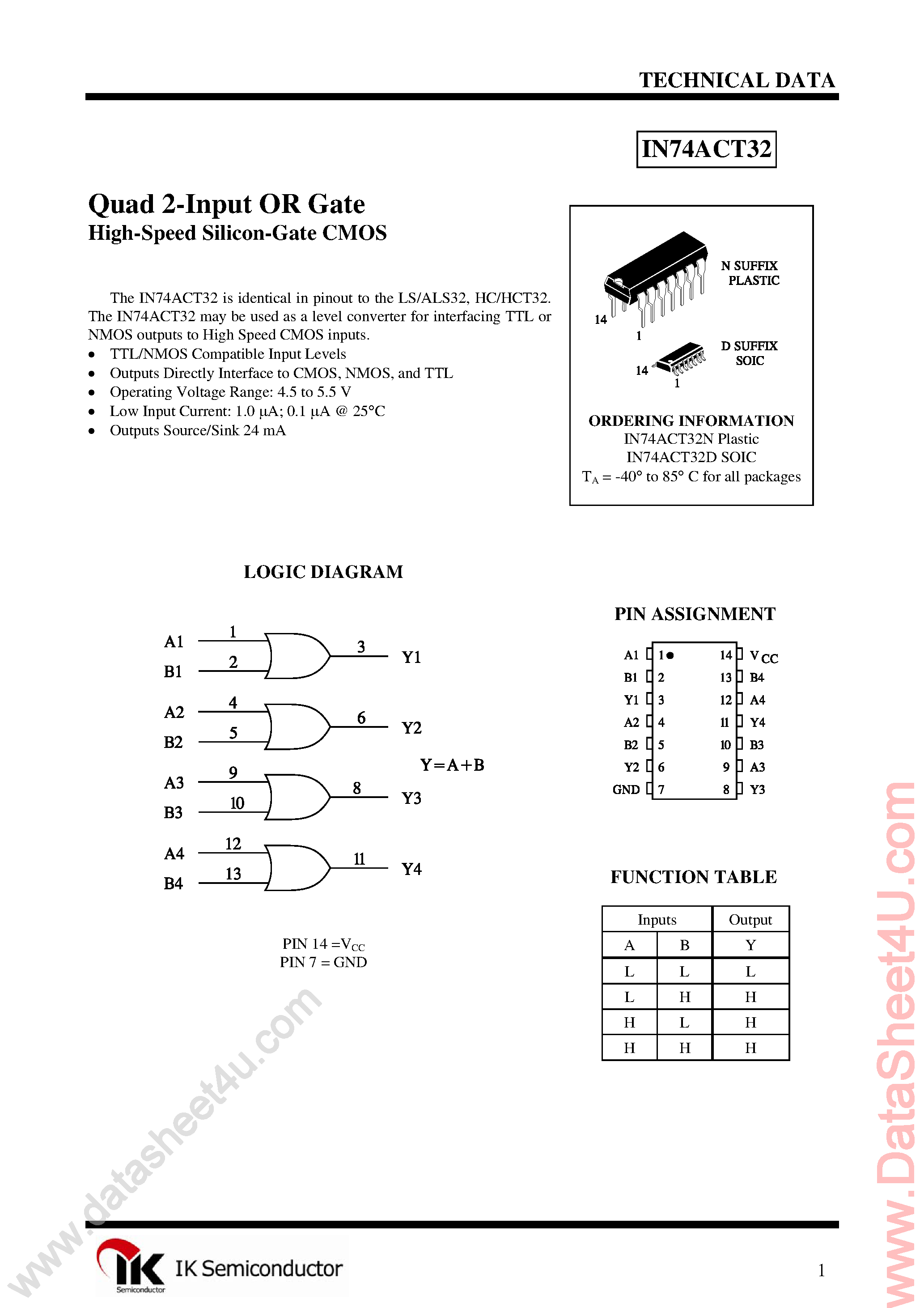 Datasheet IN74ACT32 page 1 Datasheet IN74ACT32 - Quad 2-Input OR Gate page 1