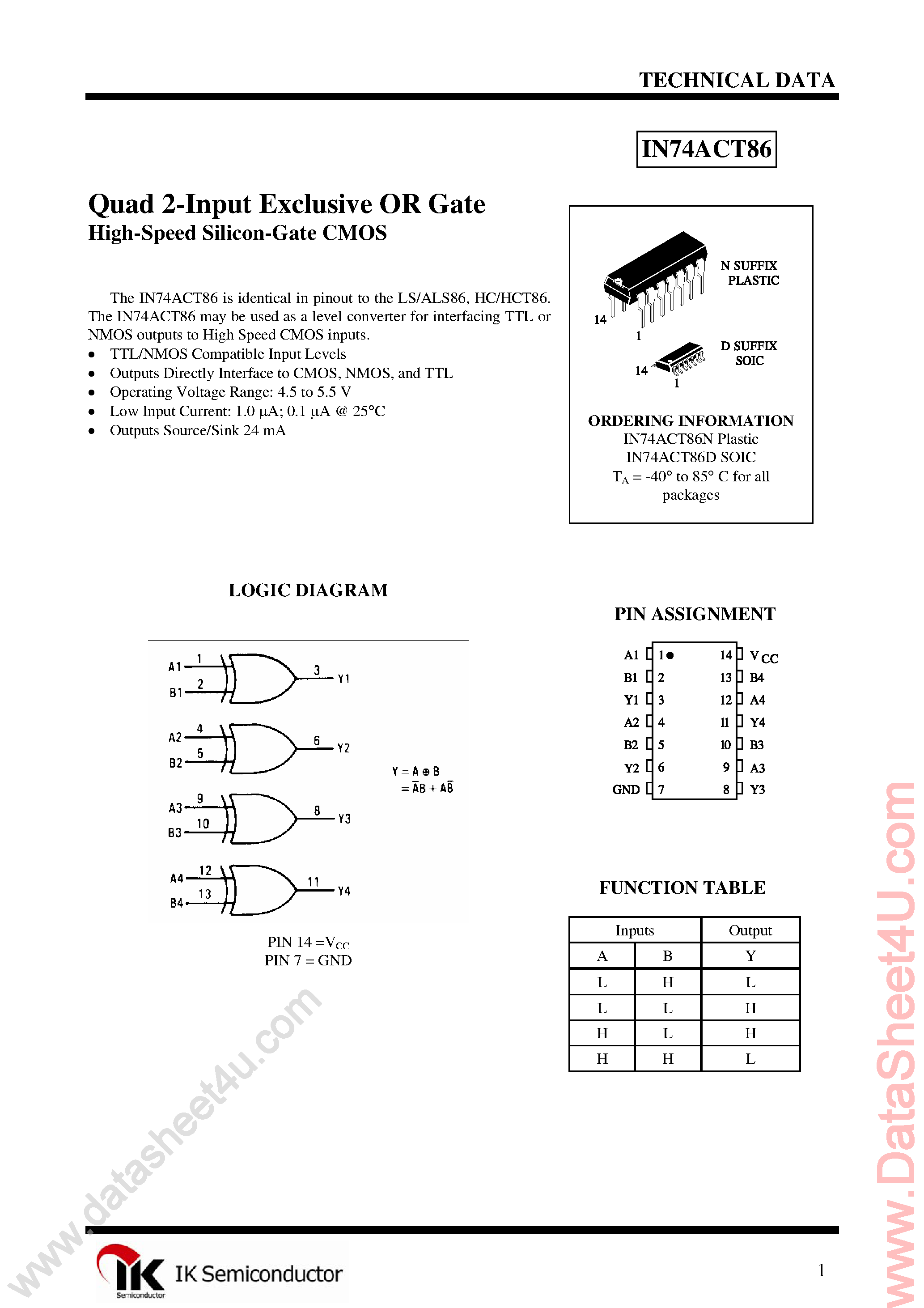 Datasheet IN74ACT86 page 1 Datasheet IN74ACT86 - Quad 2-Input Exclusive-OR Gate page 1