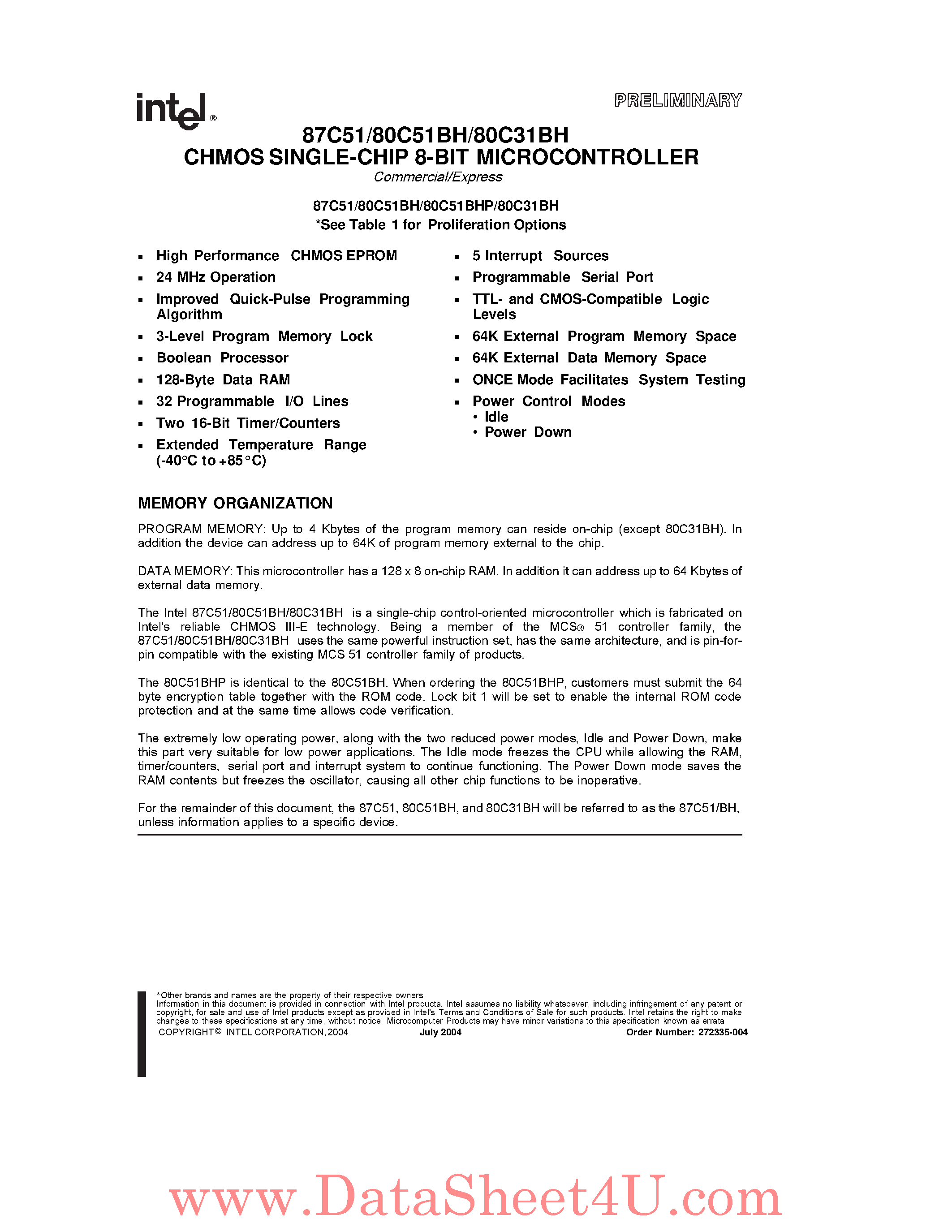Datasheet TD87C31BH page 1 Datasheet TD87C31BH - (TD87C51 / TD87C31) CHMOS Single-Chip 8-Bit Microcontroller page 1
