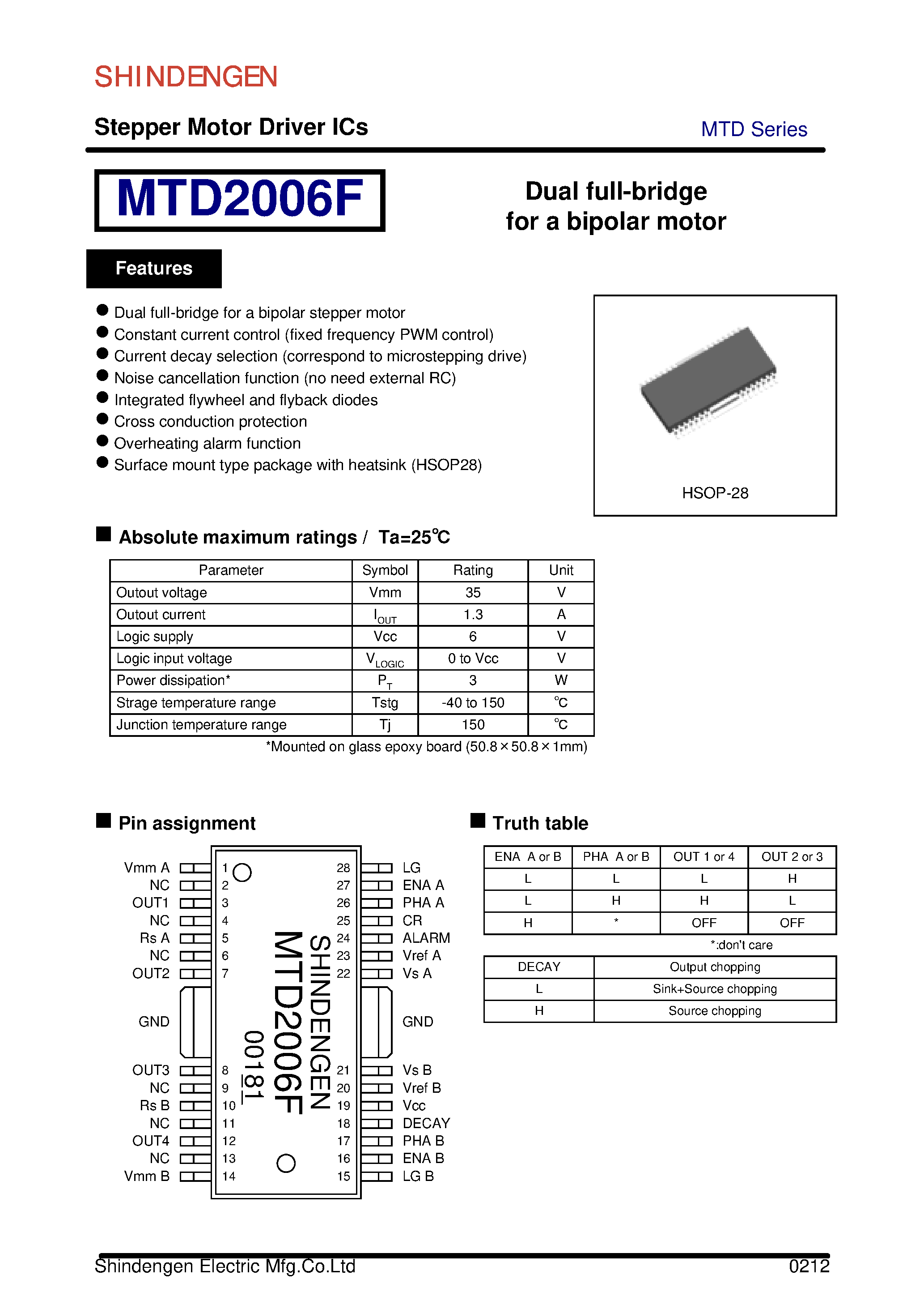 Datasheet MTD2006F - Dual full-bridge for a bipolar motor page 1