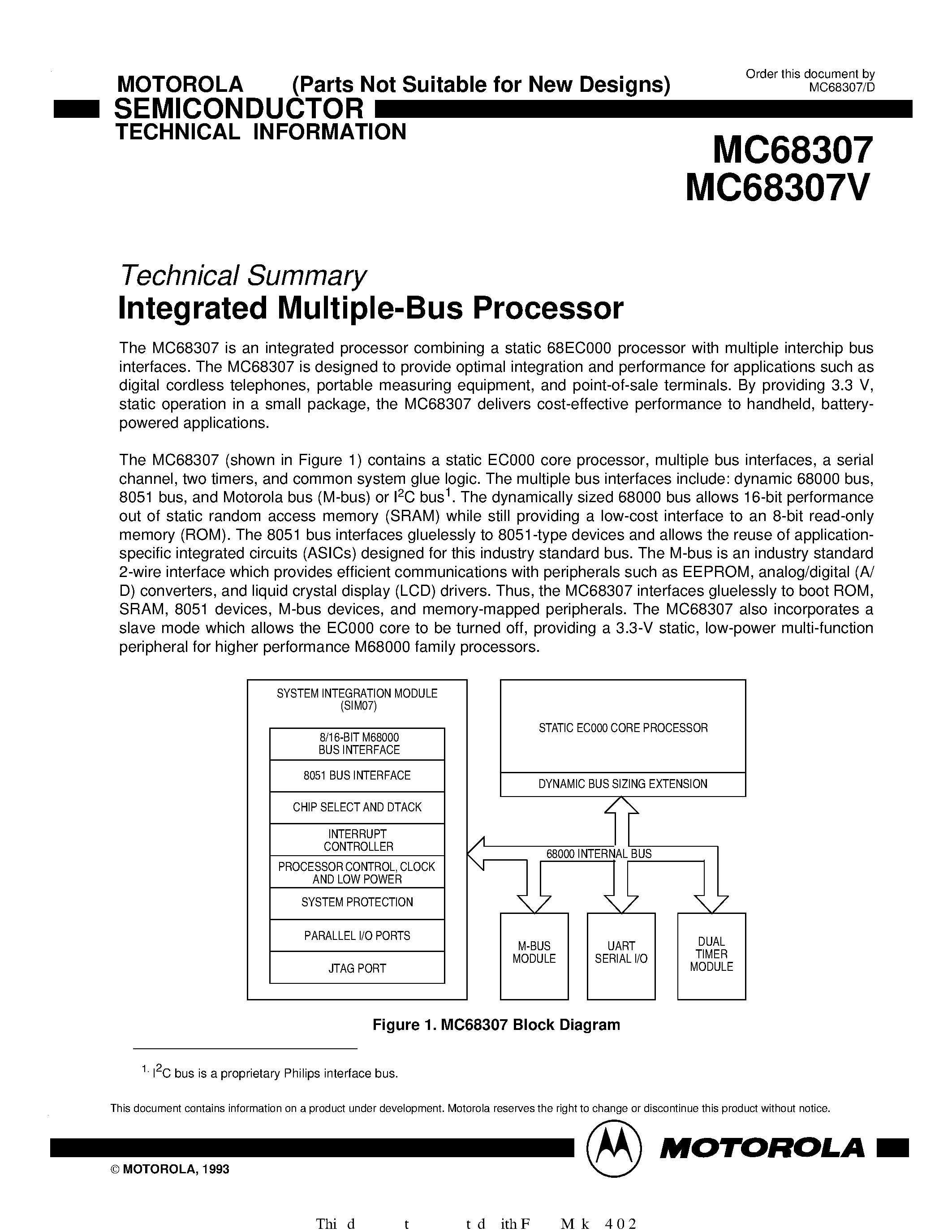 Datasheet MC68307 - Technical Summary Integrated Multiple-Bus Processor page 1
