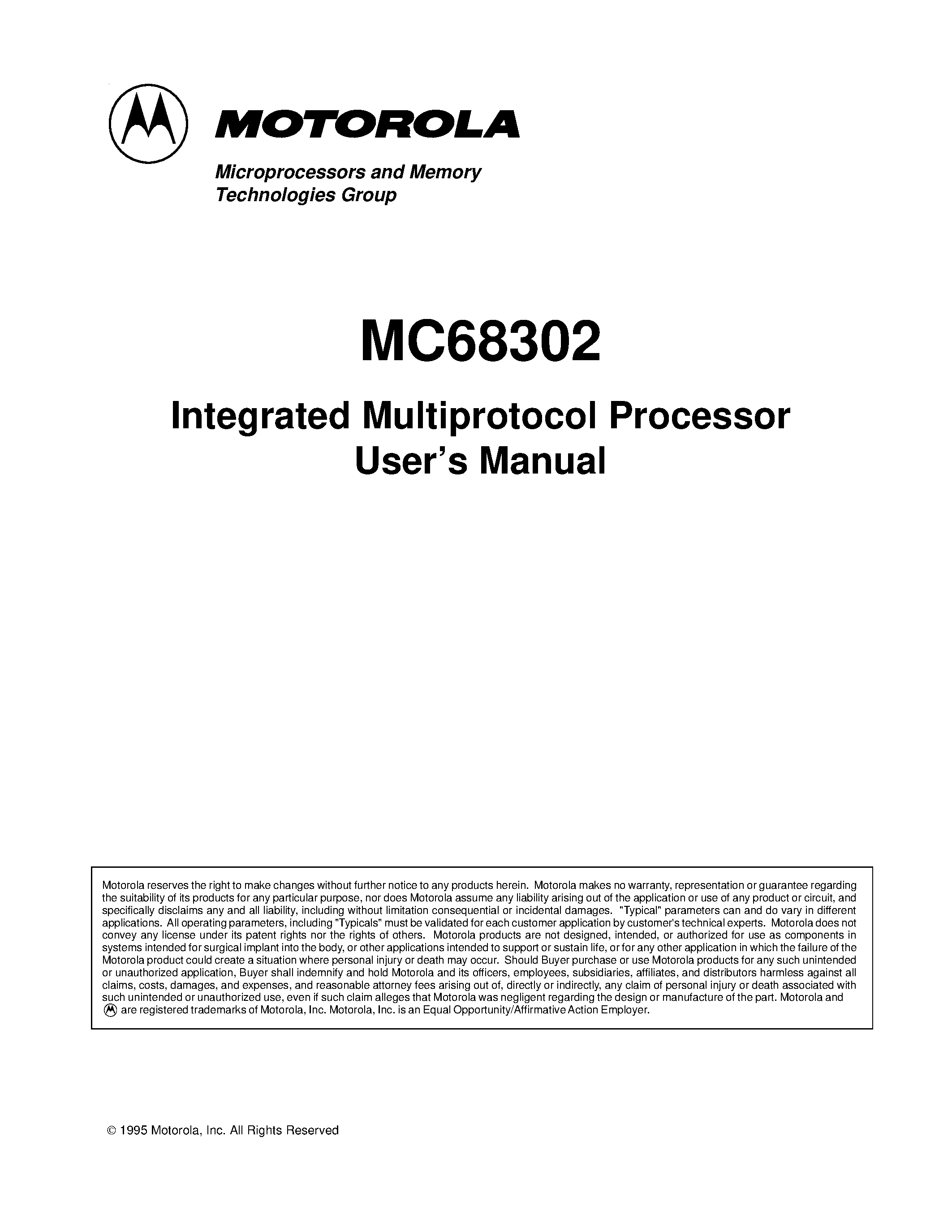 Datasheet MC68302 - Integrated Multiprotocol Processor Users Manual page 1