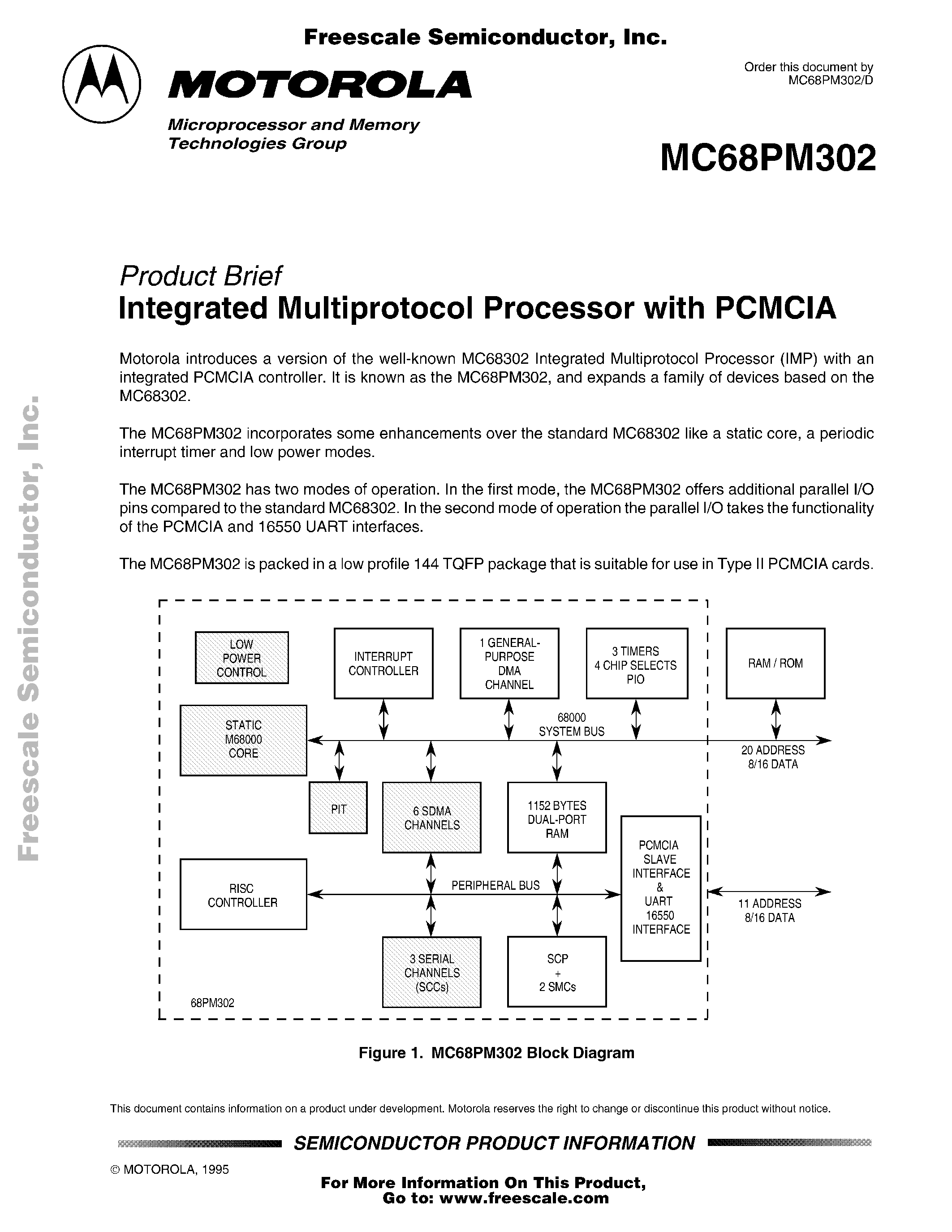 Даташит MC68PM302 - Integrated Multiprotocol Processor with PCMCIA страница 1