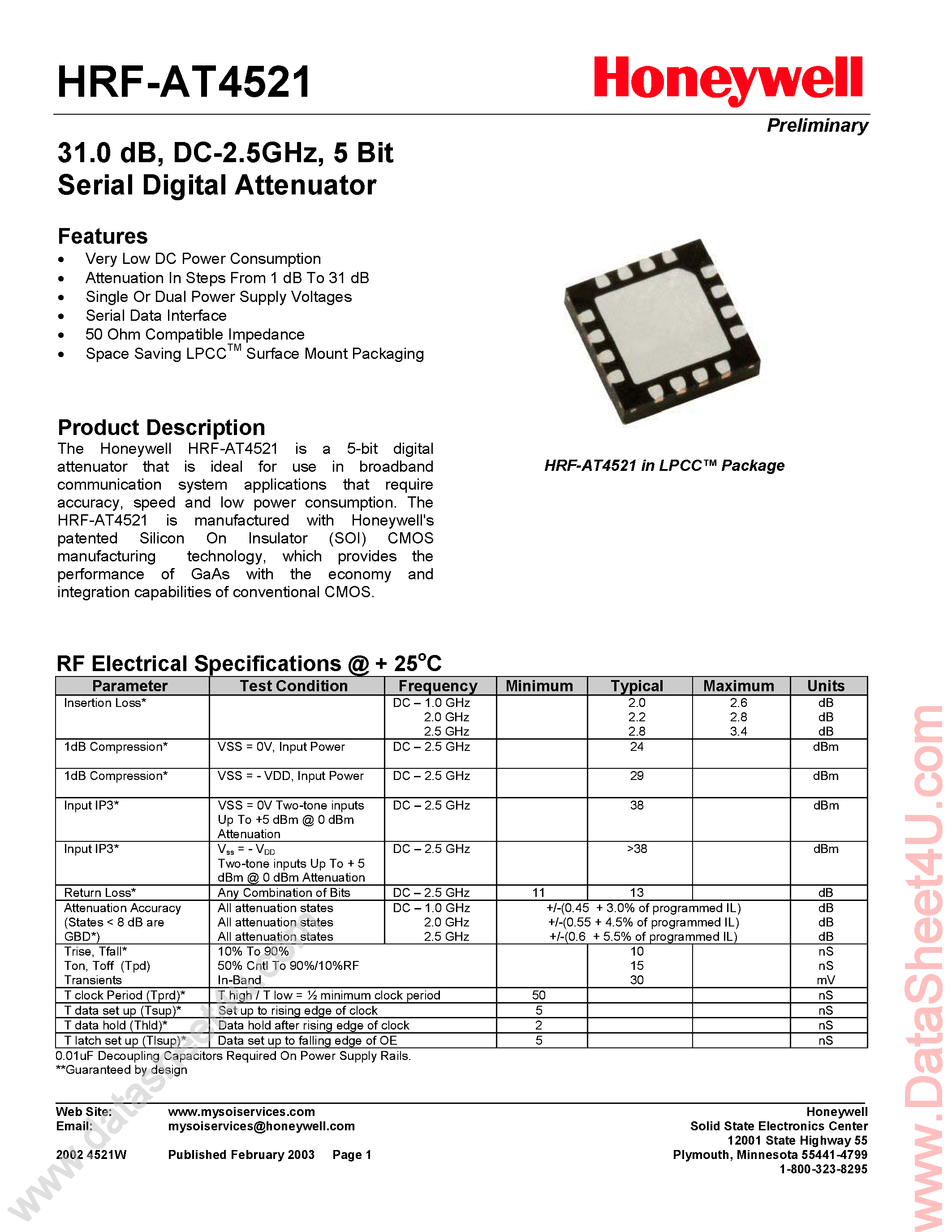 Datasheet AT4521 - 5-Bit Serial Digital Attenuator page 1