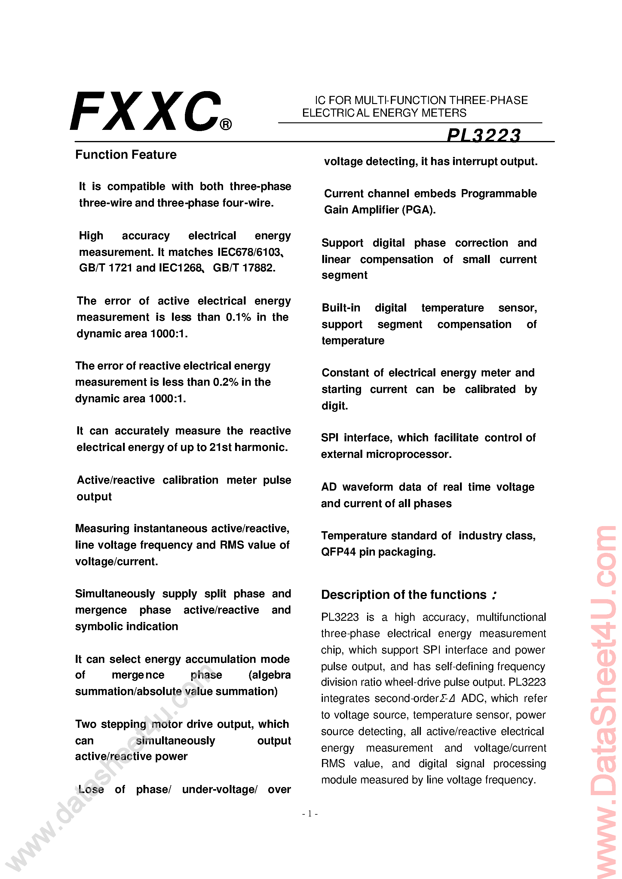 Datasheet PL3223 - Multi-Function 3-Phase Electrical Energy Meters page 1