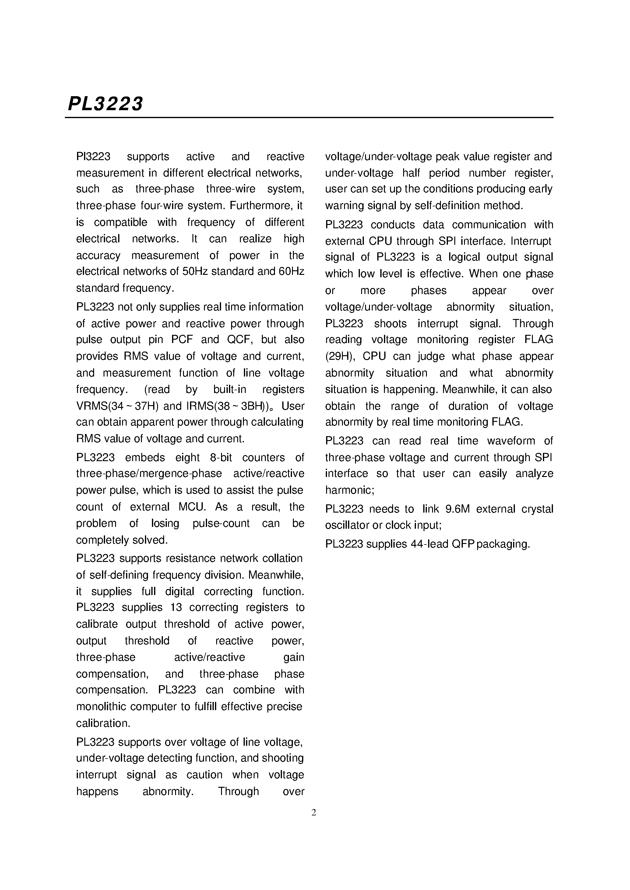 Datasheet PL3223 - Multi-Function 3-Phase Electrical Energy Meters page 2