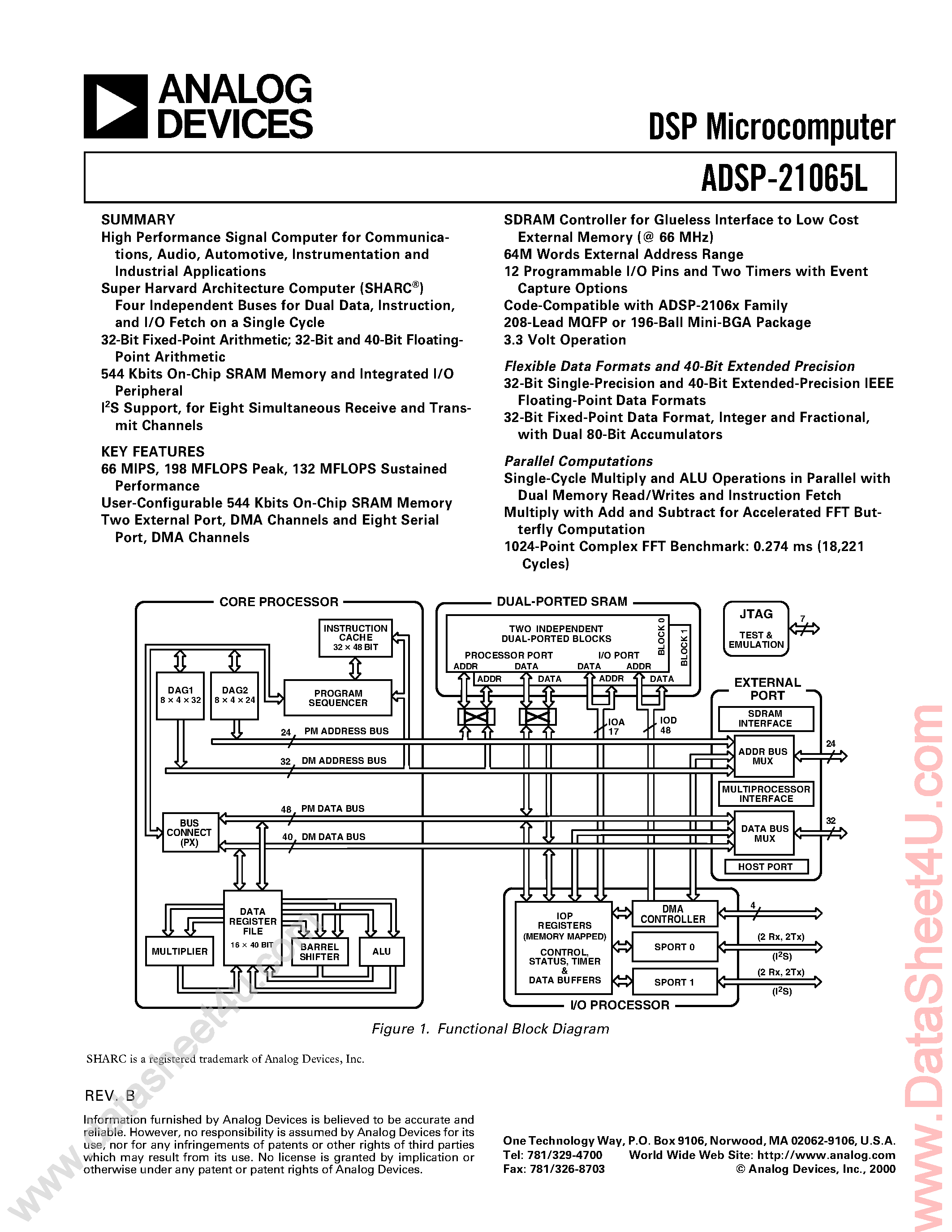 Datasheet ADSP-21065L page 1 Datasheet ADSP-21065L - Low-cost Sharc / 60 Mhz / 180 Mflops / 3.3v / Floating Point page 1