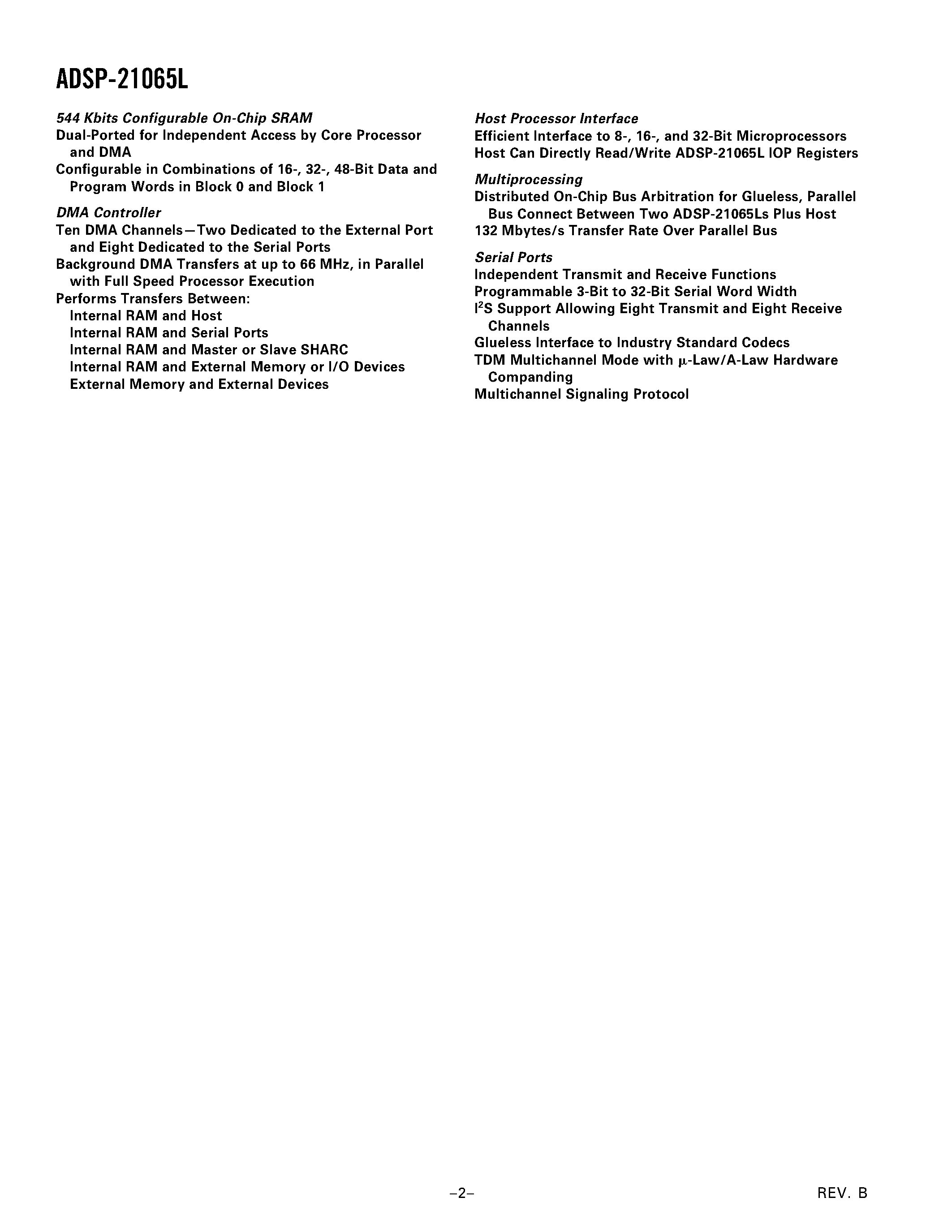 Datasheet ADSP-21065L page 2 Datasheet ADSP-21065L - Low-cost Sharc / 60 Mhz / 180 Mflops / 3.3v / Floating Point page 2