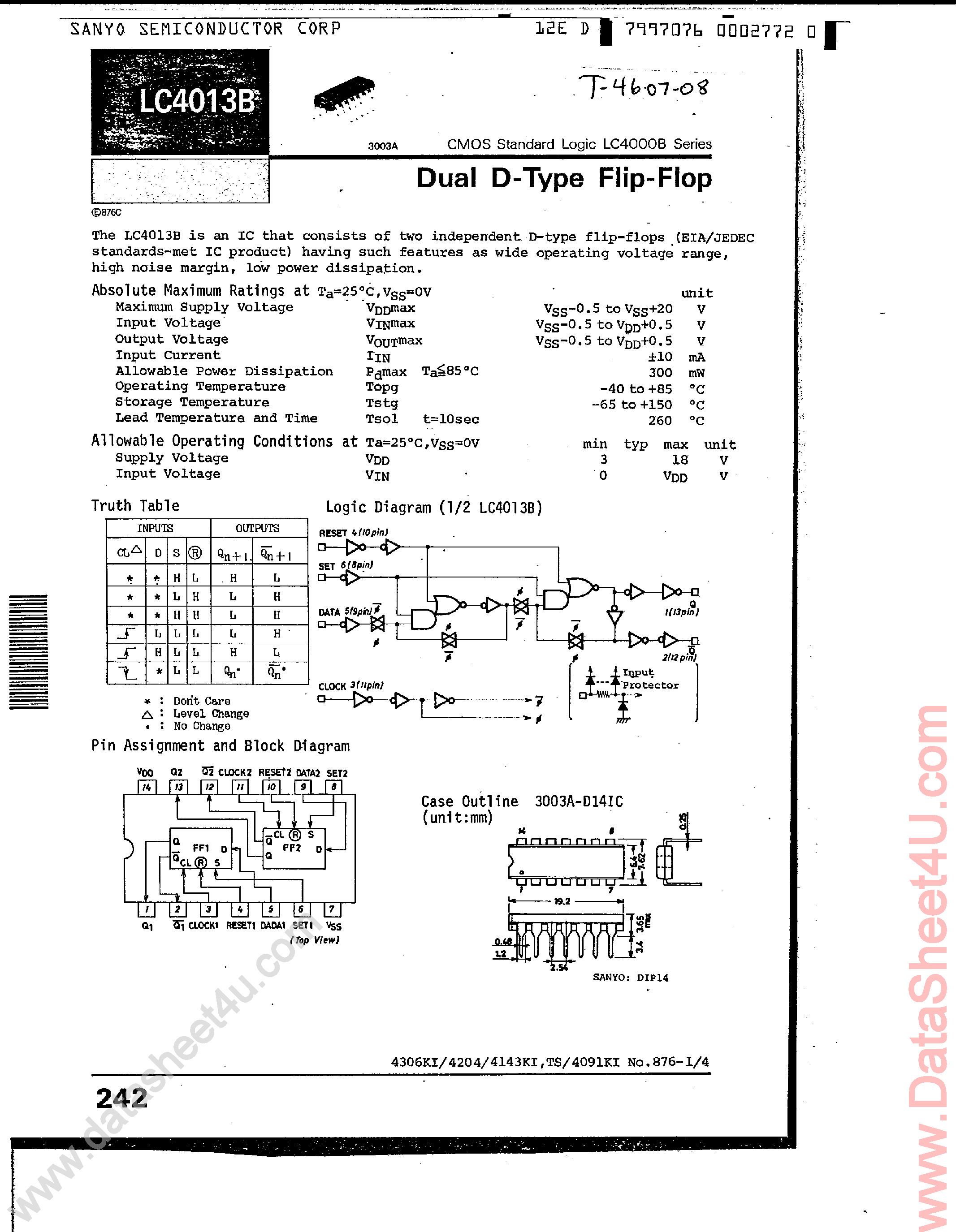 Даташит LC4013B - Dual D-Type Filp-Flop страница 1