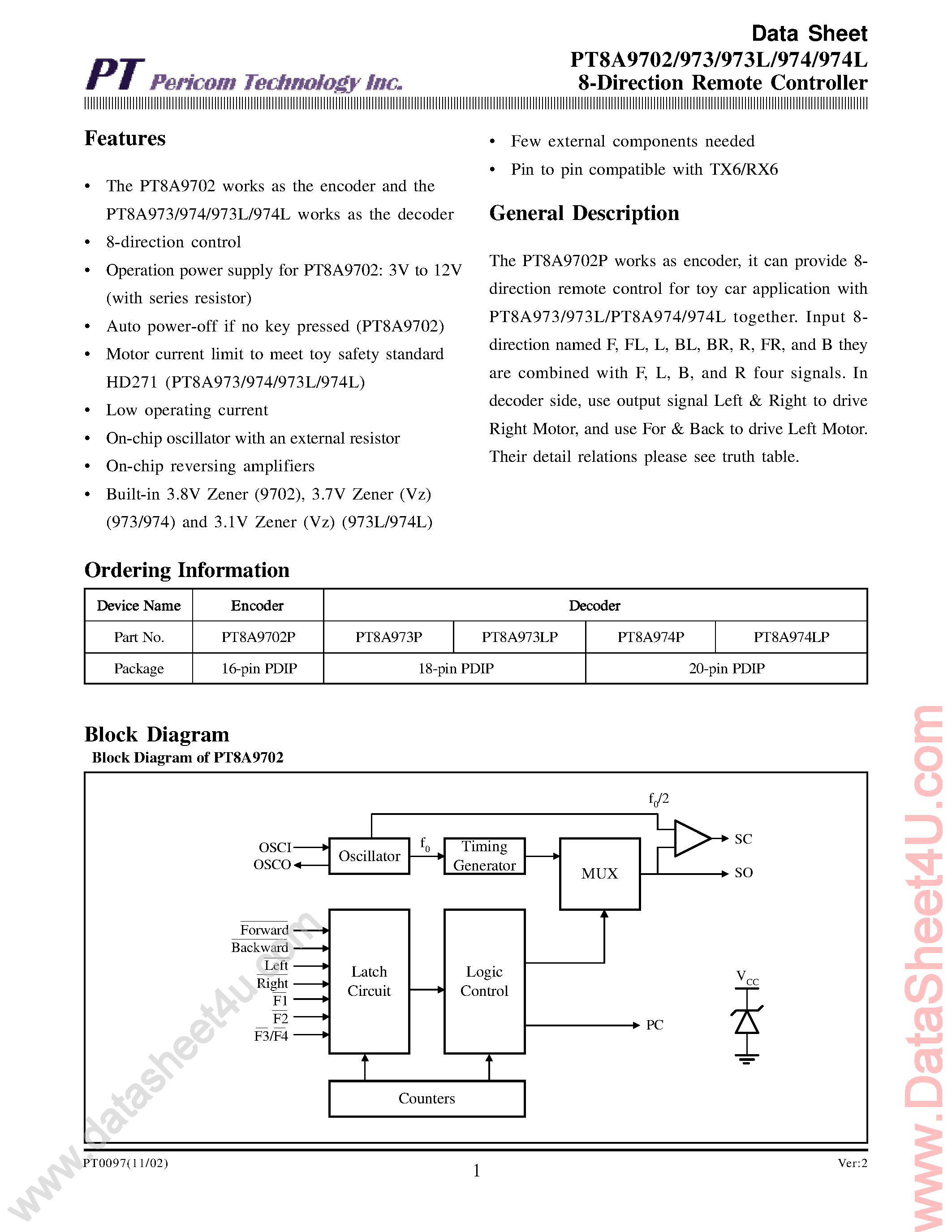 Datasheet PT8A972 page 1 Datasheet PT8A972 - (PT8A972 - PT8A974) 8-Direction Remote Controller page 1