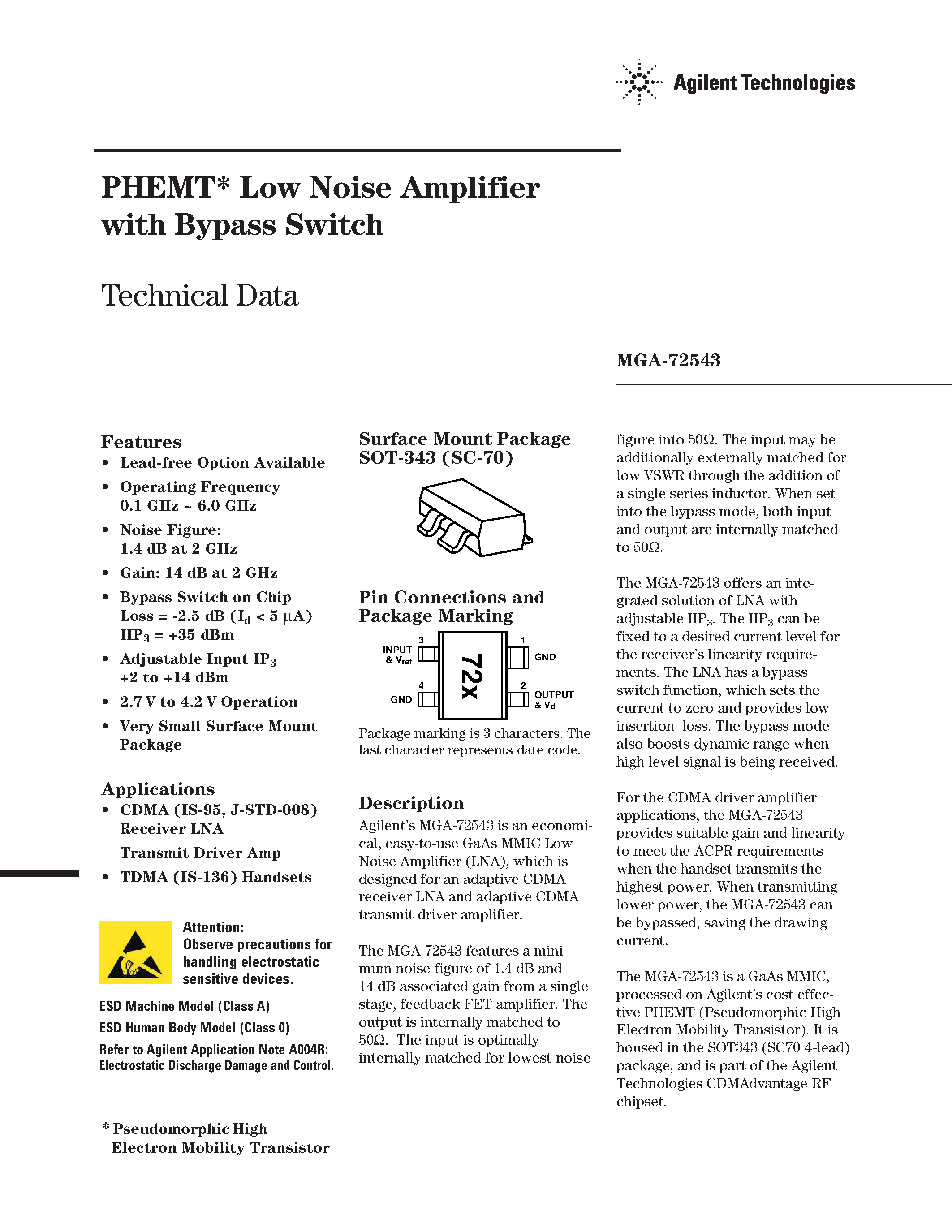 Datasheet MGA-72543 - PHEMT Low Noise Amplifier with Bypass Switch page 1