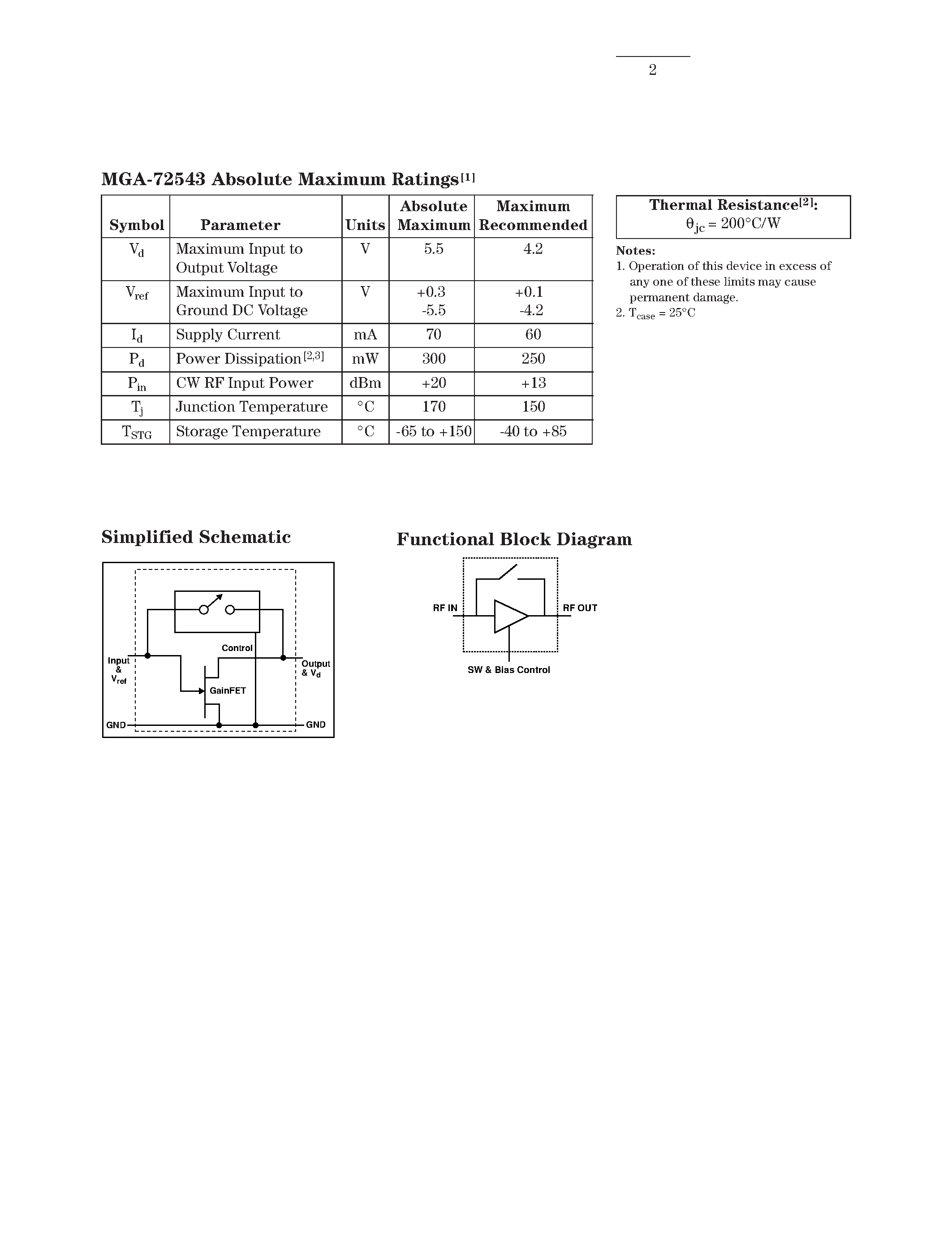 Datasheet MGA-72543 - PHEMT Low Noise Amplifier with Bypass Switch page 2