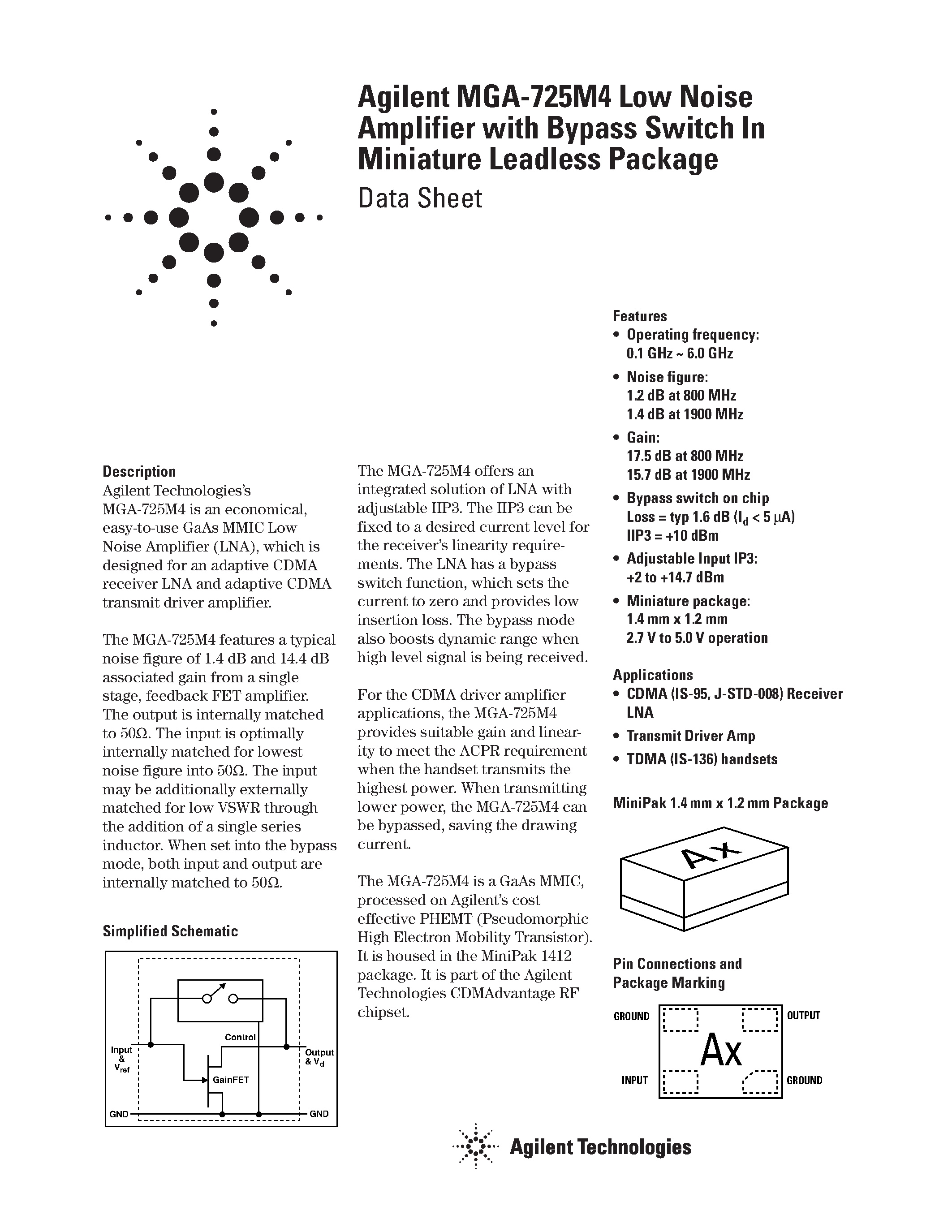Datasheet MGA-725M4 page 1 Datasheet MGA-725M4 - Low Noise Amplifier with Bypass Switch In Miniature Leadless Package page 1