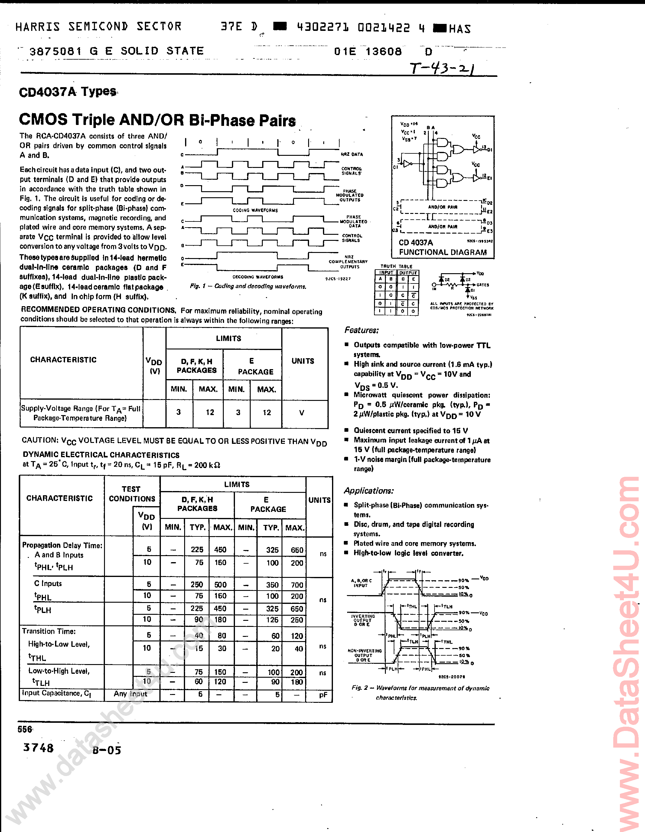 Даташит CD4037A - CMOS Triple AND-OR Bi-Phase Pairs страница 1