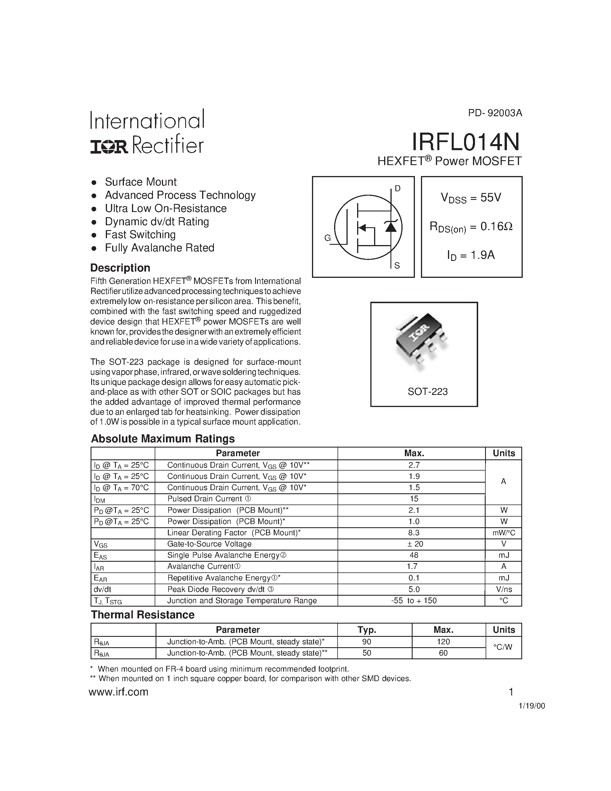 Datasheet IRFL014N - Power MOSFET page 1