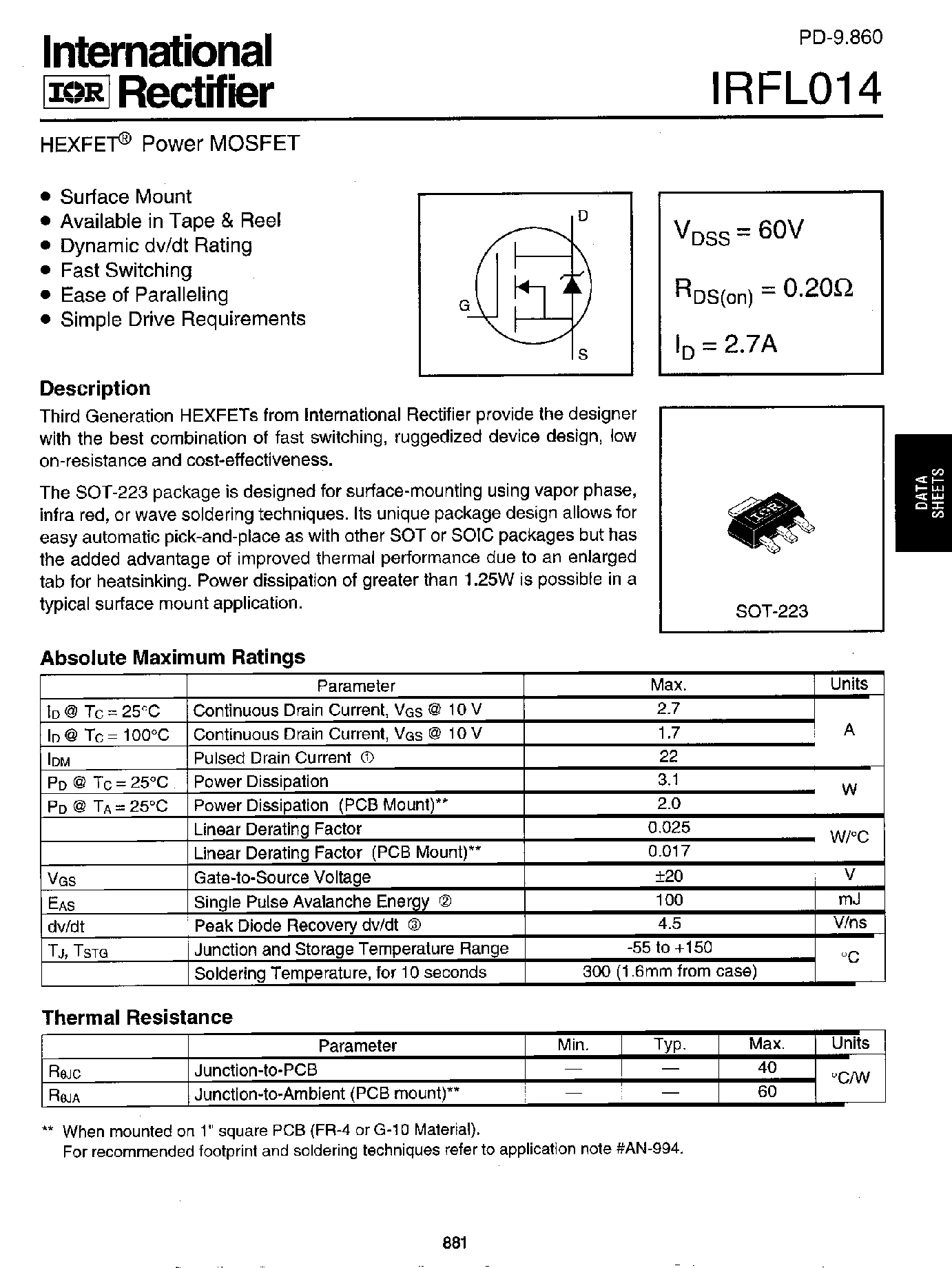 Datasheet IRFL014 - Power MOSFET page 1