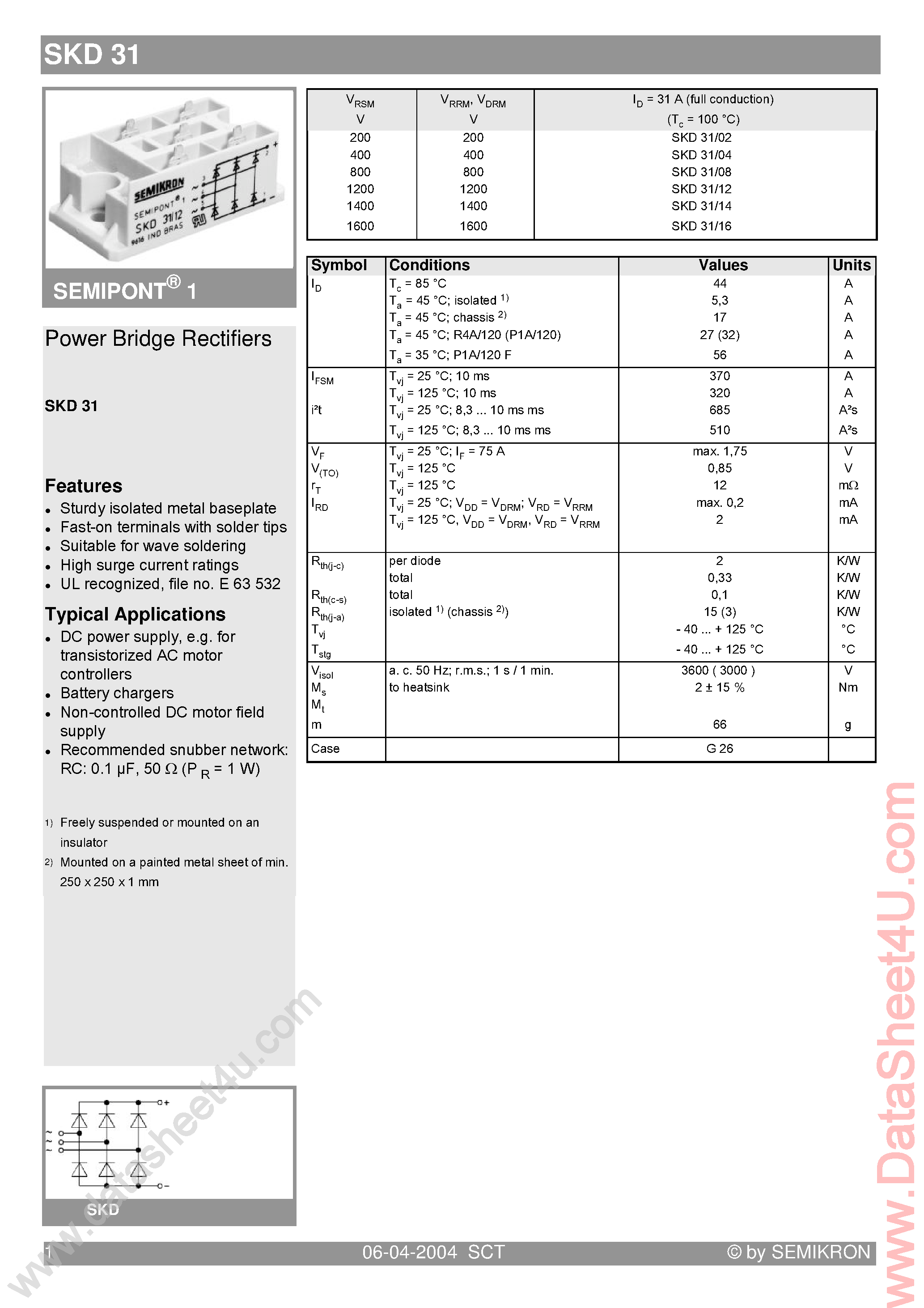 Datasheet SKD31/02 - (SKD31/xx) Power Bridge Rectifiers page 1
