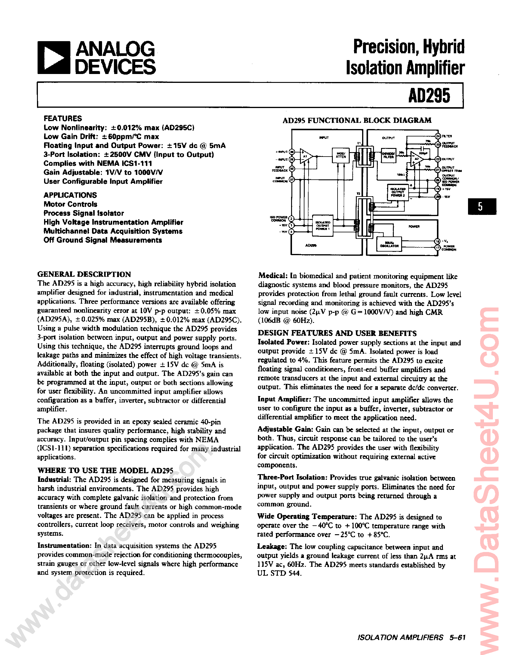 Datasheet AD295 - Precision / Hybrid Isolation Amplifier page 1