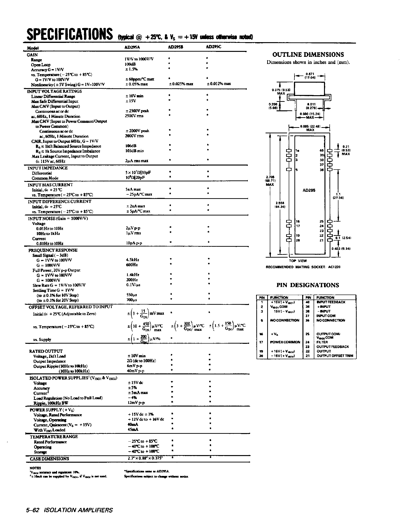 Datasheet AD295 - Precision / Hybrid Isolation Amplifier page 2