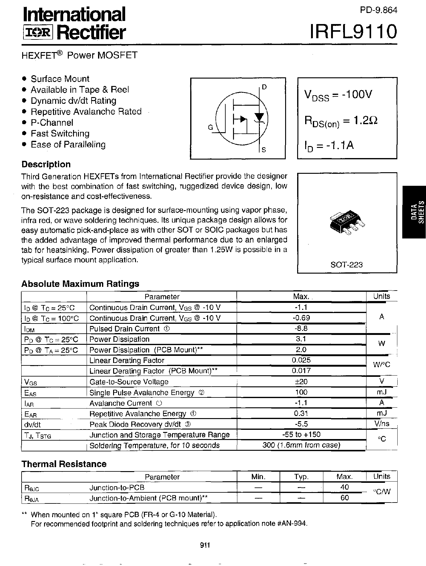Datasheet IRFL9110 - Power MOSFET page 1