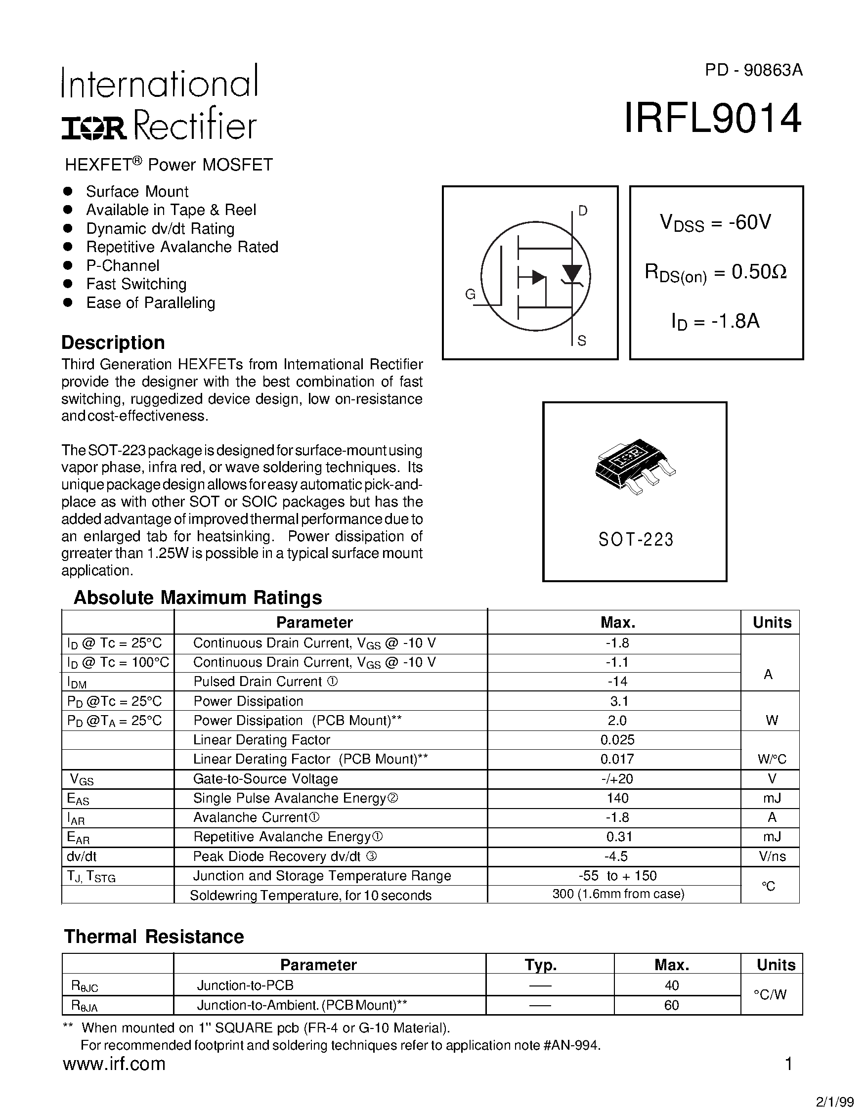 Даташит на микросхему IRFL9014 страница 1 Даташит IRFL9014 - Power MOSFET страница 1