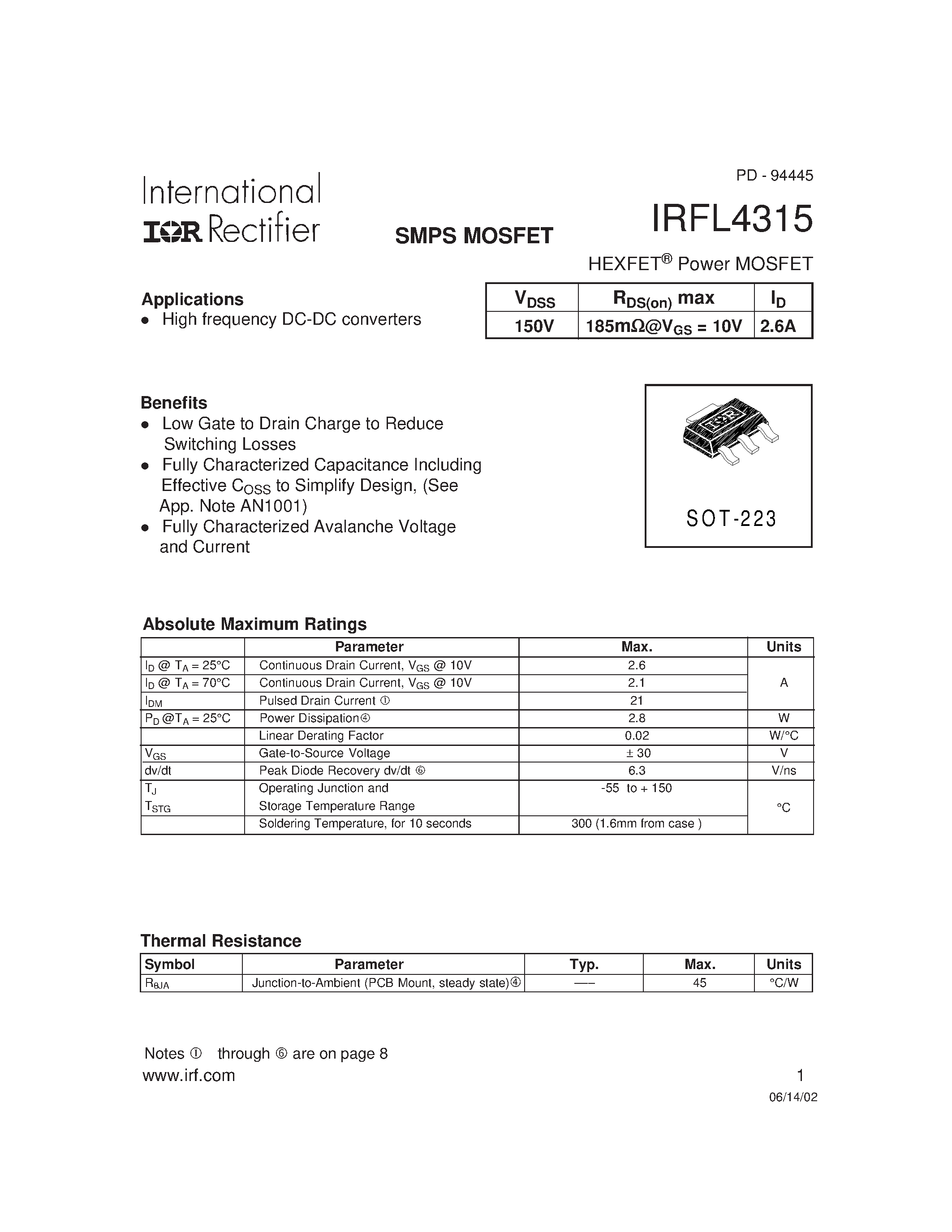Datasheet IRFL4315 - SMPS MOSFET page 1