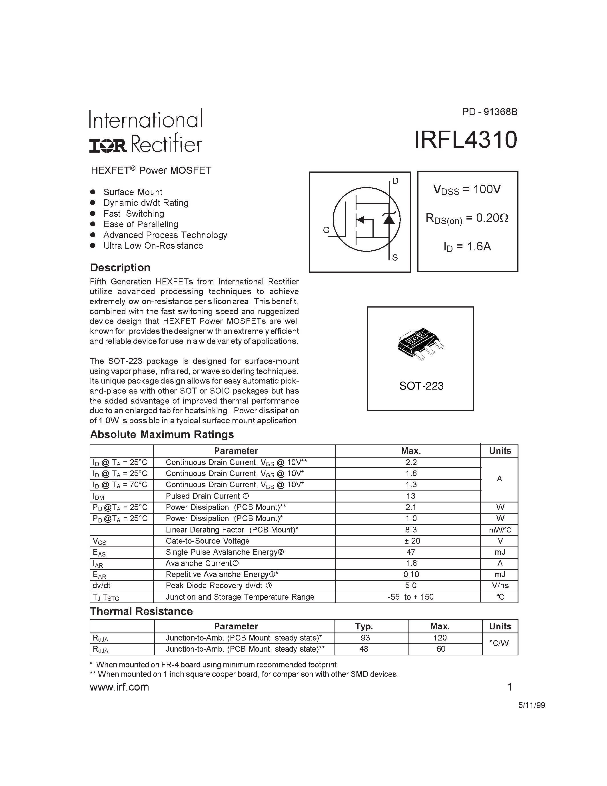 Datasheet IRFL4310 - Power MOSFET page 1