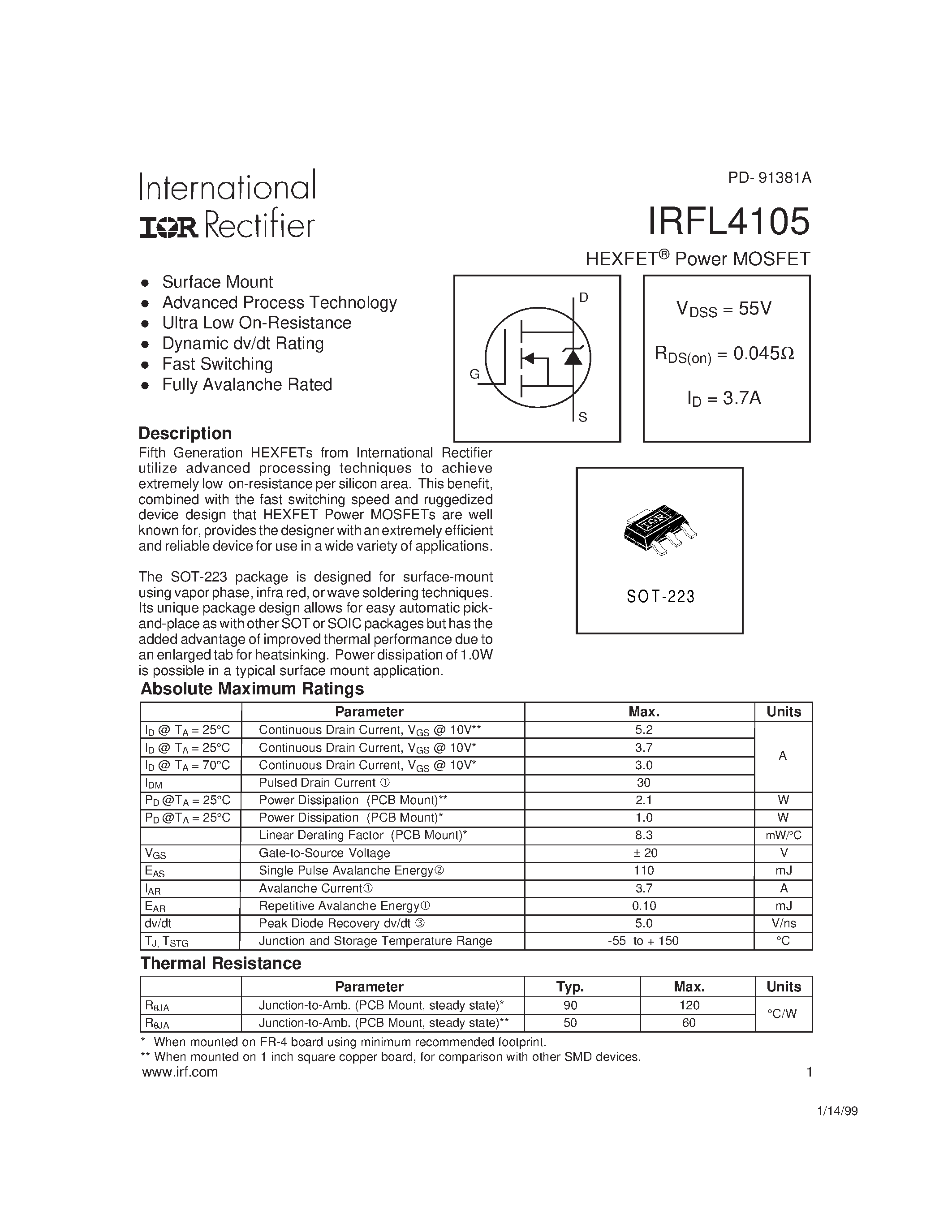 Datasheet IRFL4105 - Power MOSFET page 1