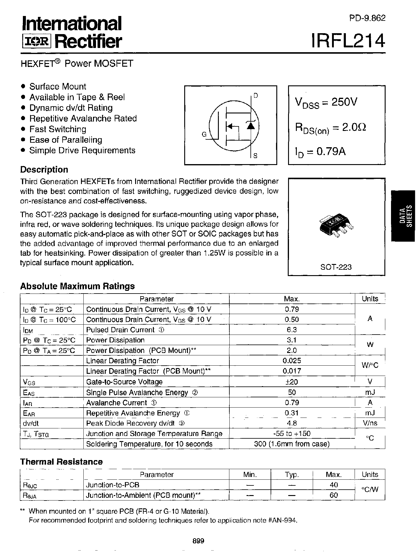 Datasheet IRFL214 - Power MOSFET page 1