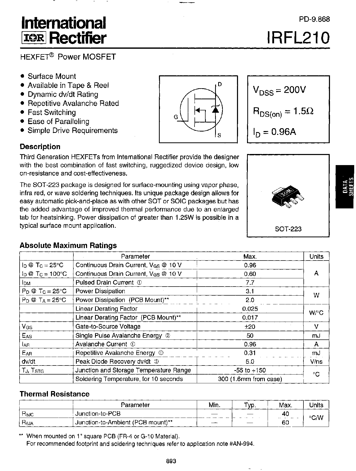 Datasheet IRFL210 - Power MOSFET page 1