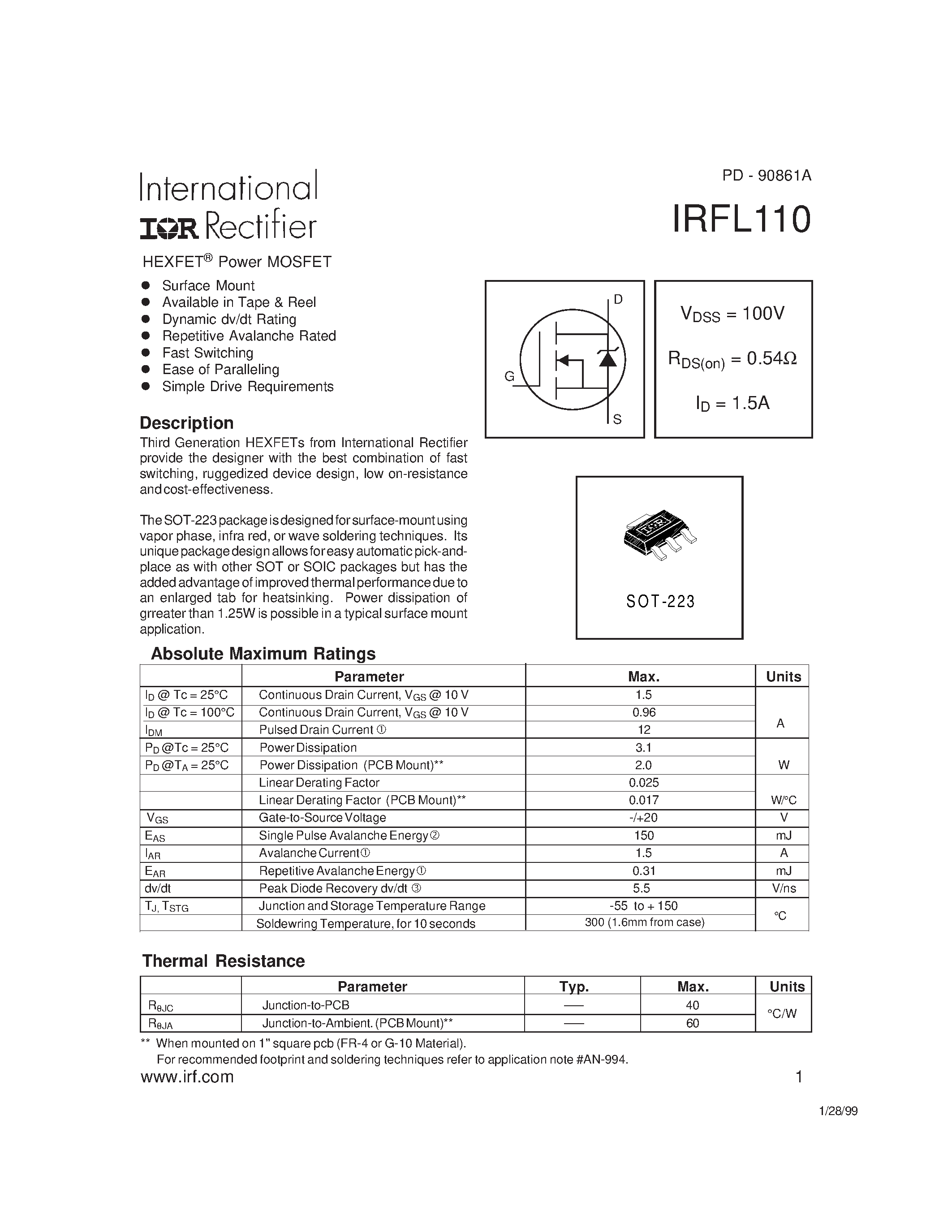 Datasheet IRFL110 - Power MOSFET page 1