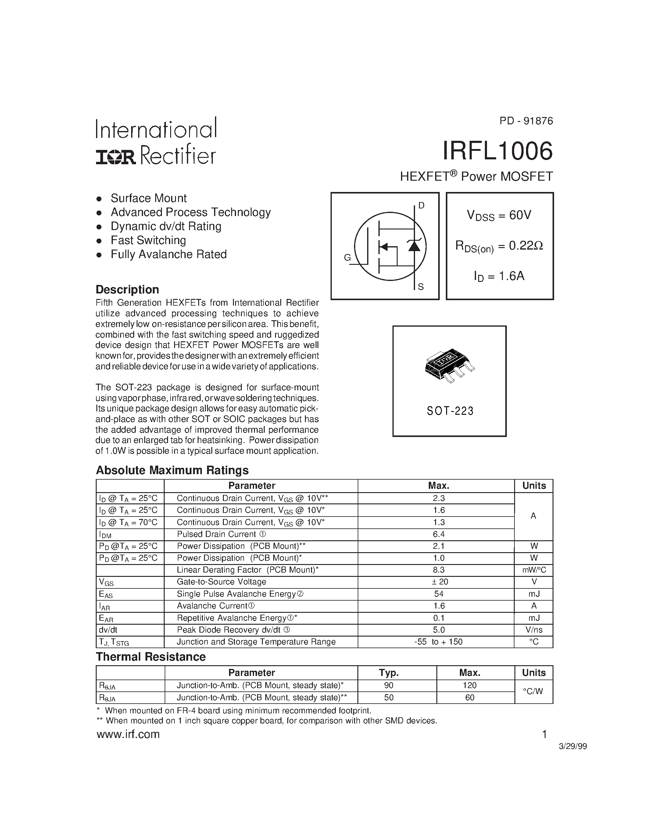 Datasheet IRFL1006 - Power MOSFET page 1