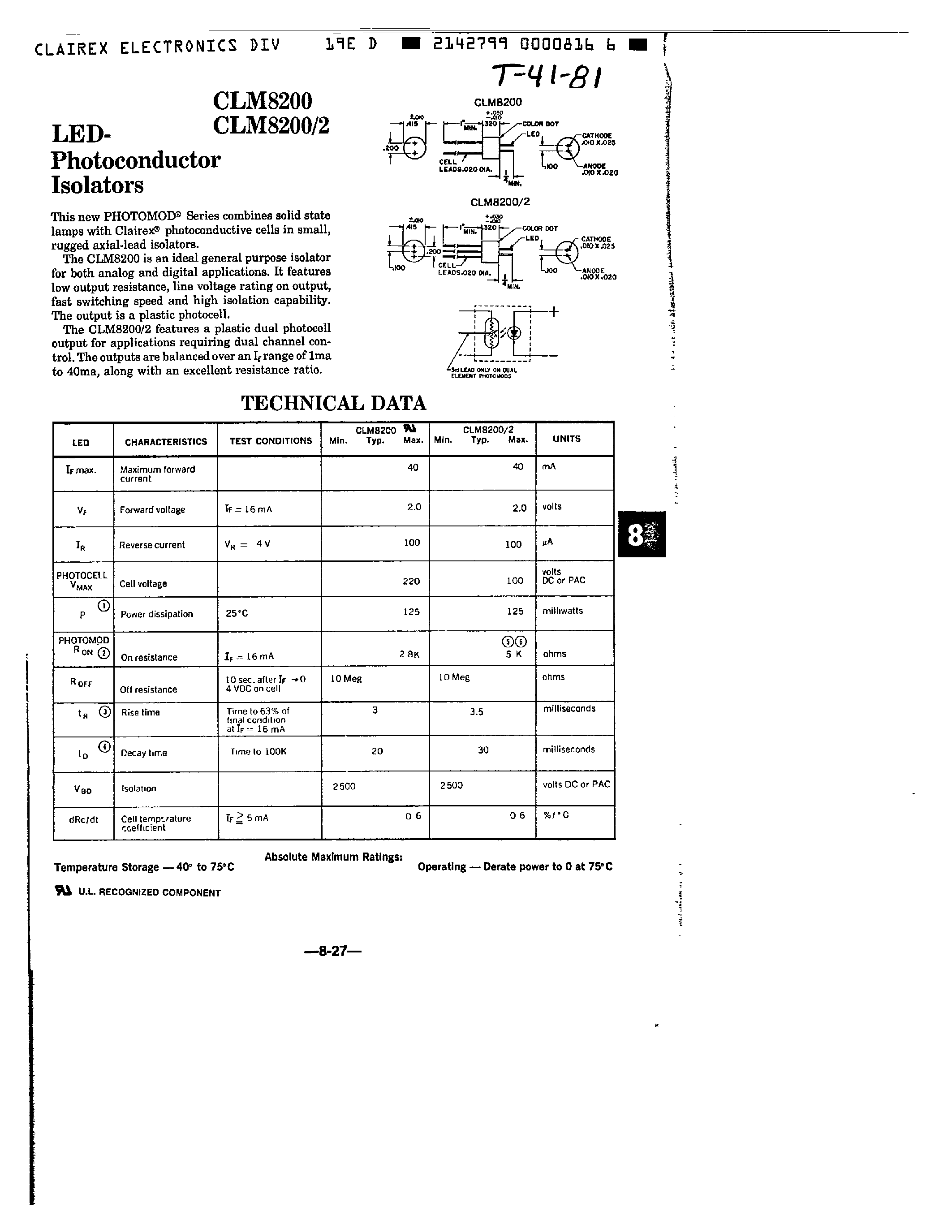 Datasheet CLM8200 - LED PHOTOCONDUCTOR ISOLATORS page 1