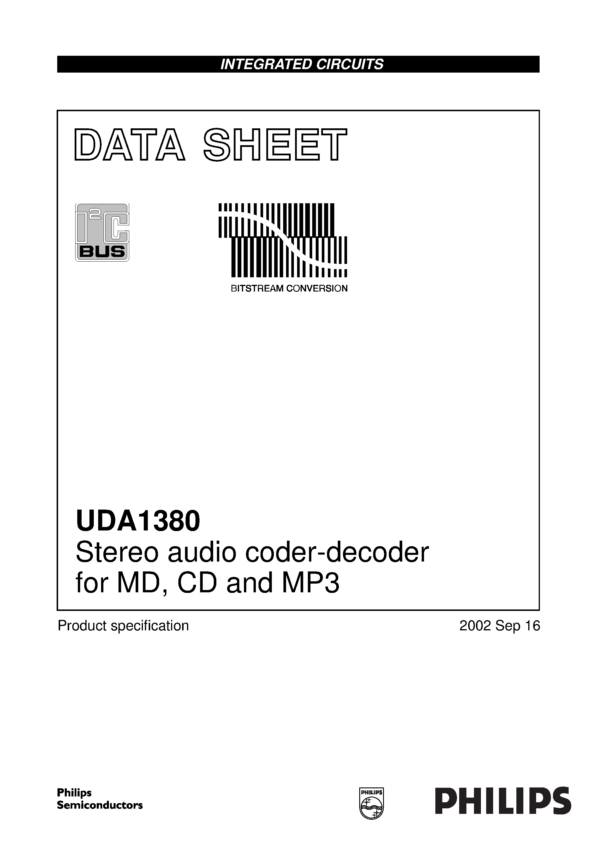 Даташит UDA1380 - Stereo audio coder-decoder for MD / CD and MP3 страница 1