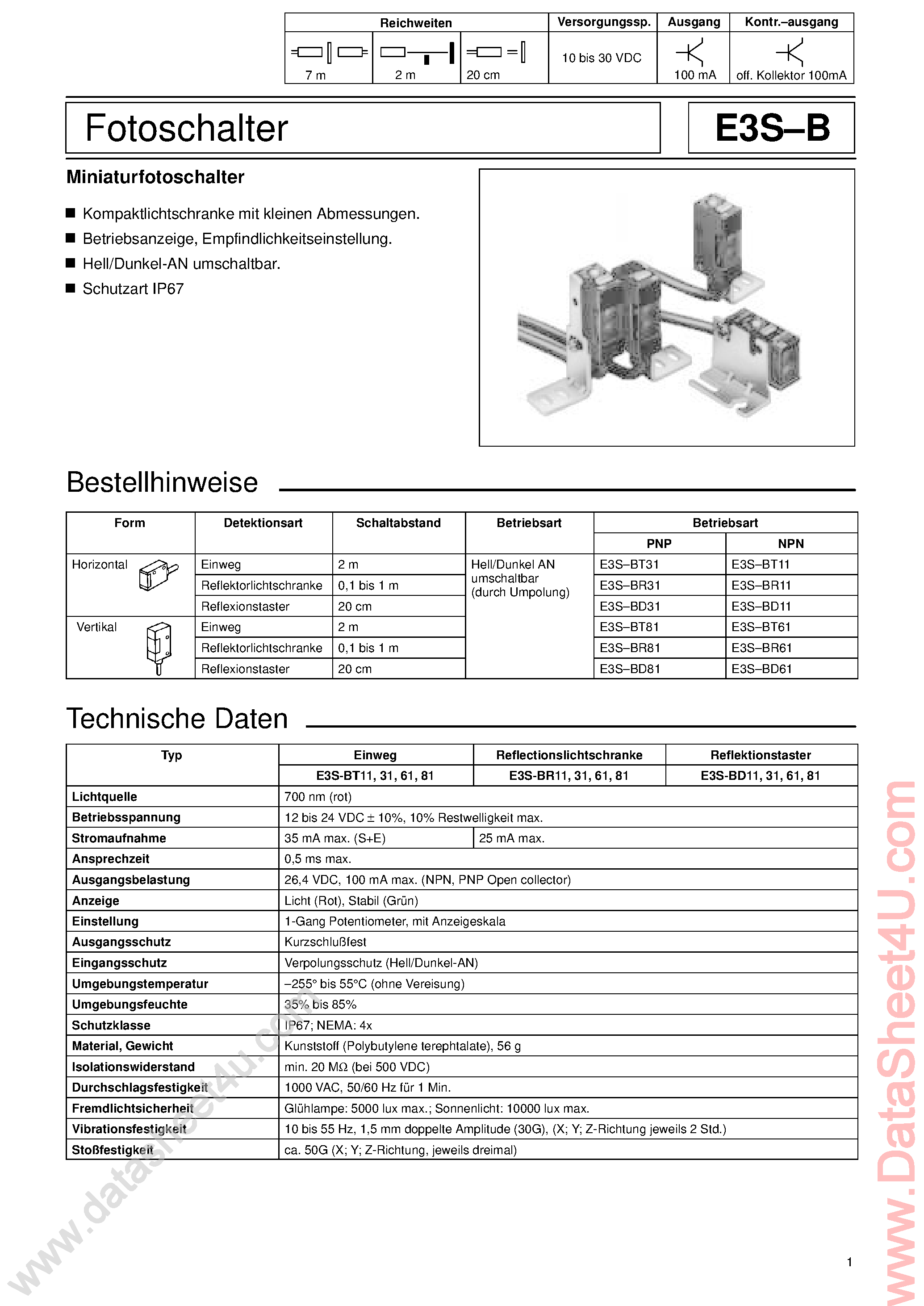 Datasheet E3S-B page 1 Datasheet E3S-B - Fotoschalter page 1