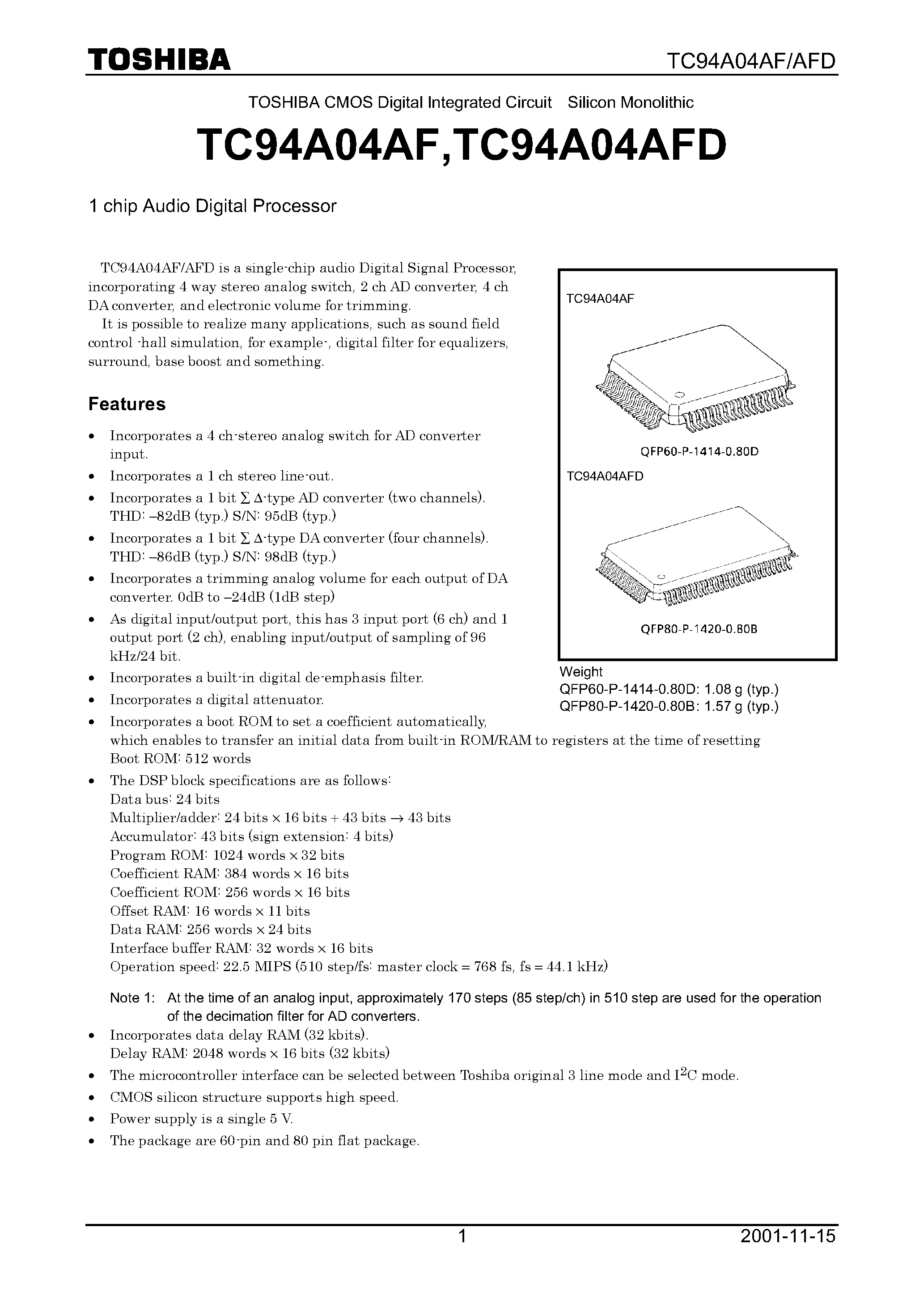 Datasheet TC94A04AF - 1 CHIP AUDIO DIGITAL PROCESSOR page 1