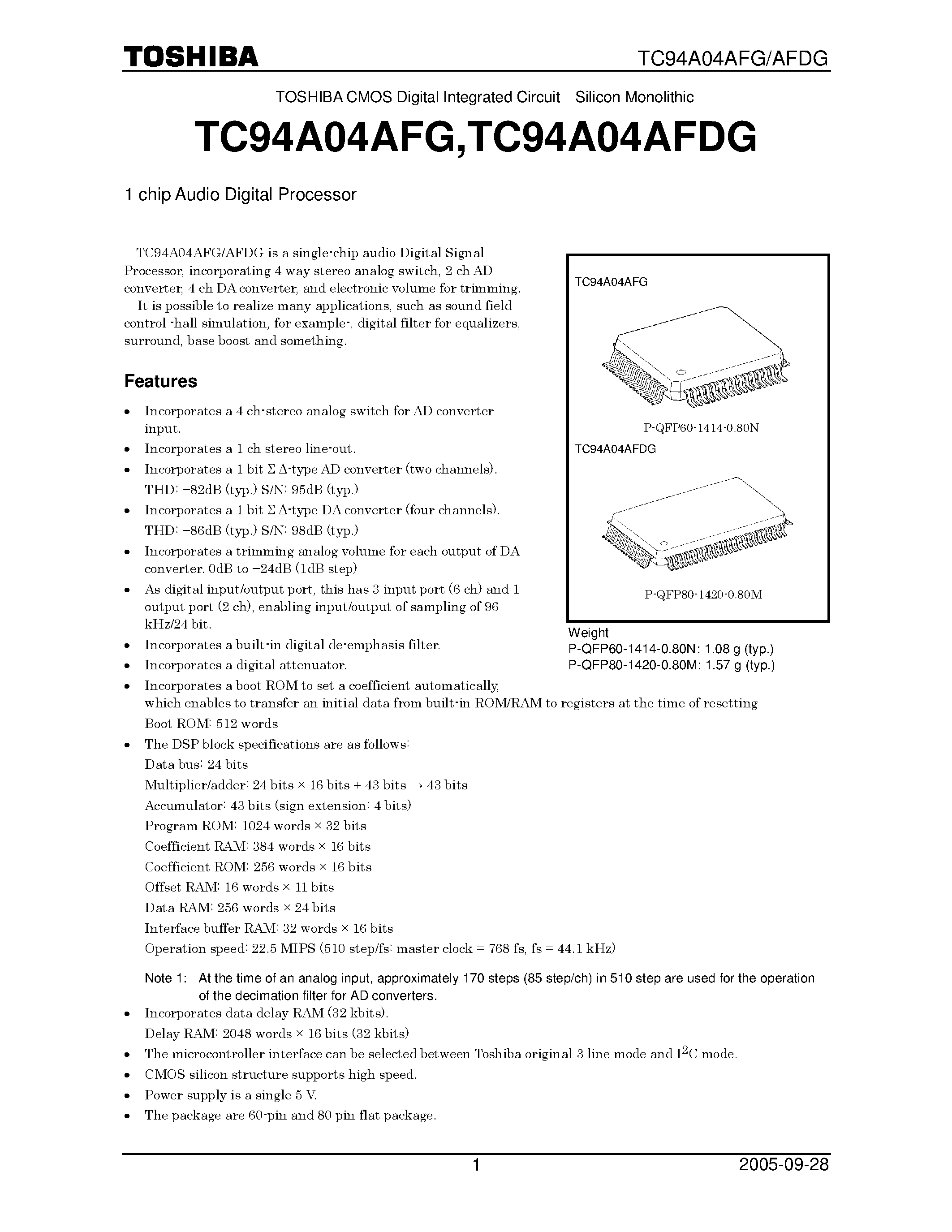 Datasheet TC94A04AFDG - 1 CHIP AUDIO DIGITAL PROCESSOR page 1