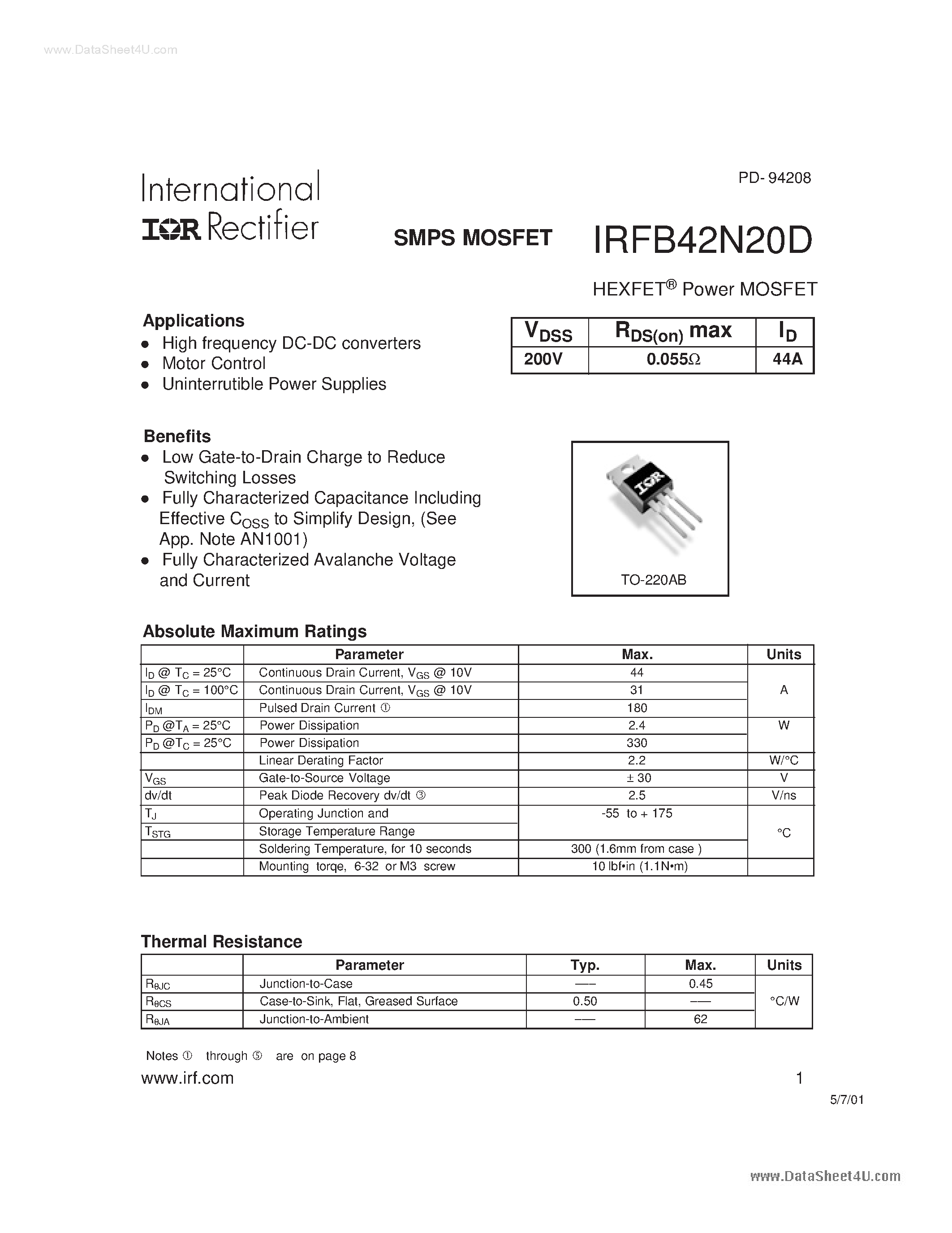 Datasheet FB42N20D - Search -----> IRFB42N20D page 1