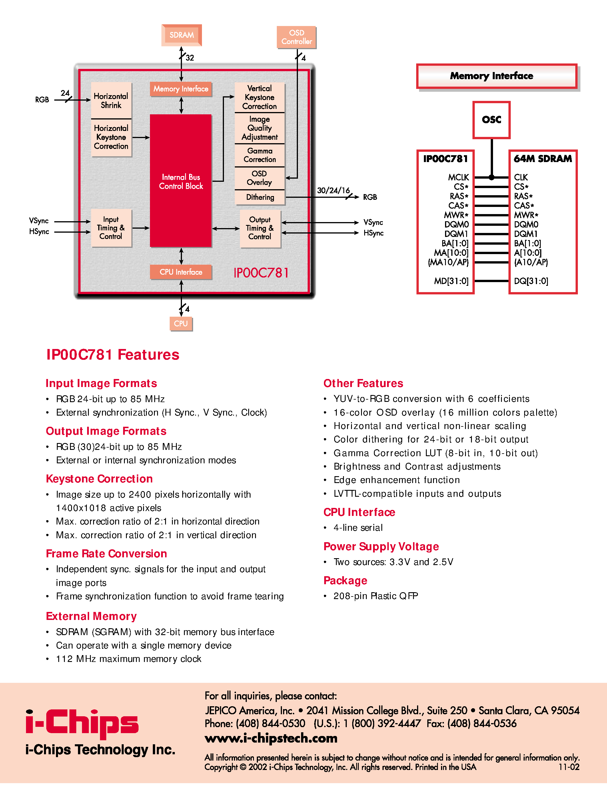 Datasheet IP00C781 page 2 Datasheet IP00C781 - H And V Keystone Correction Device page 2