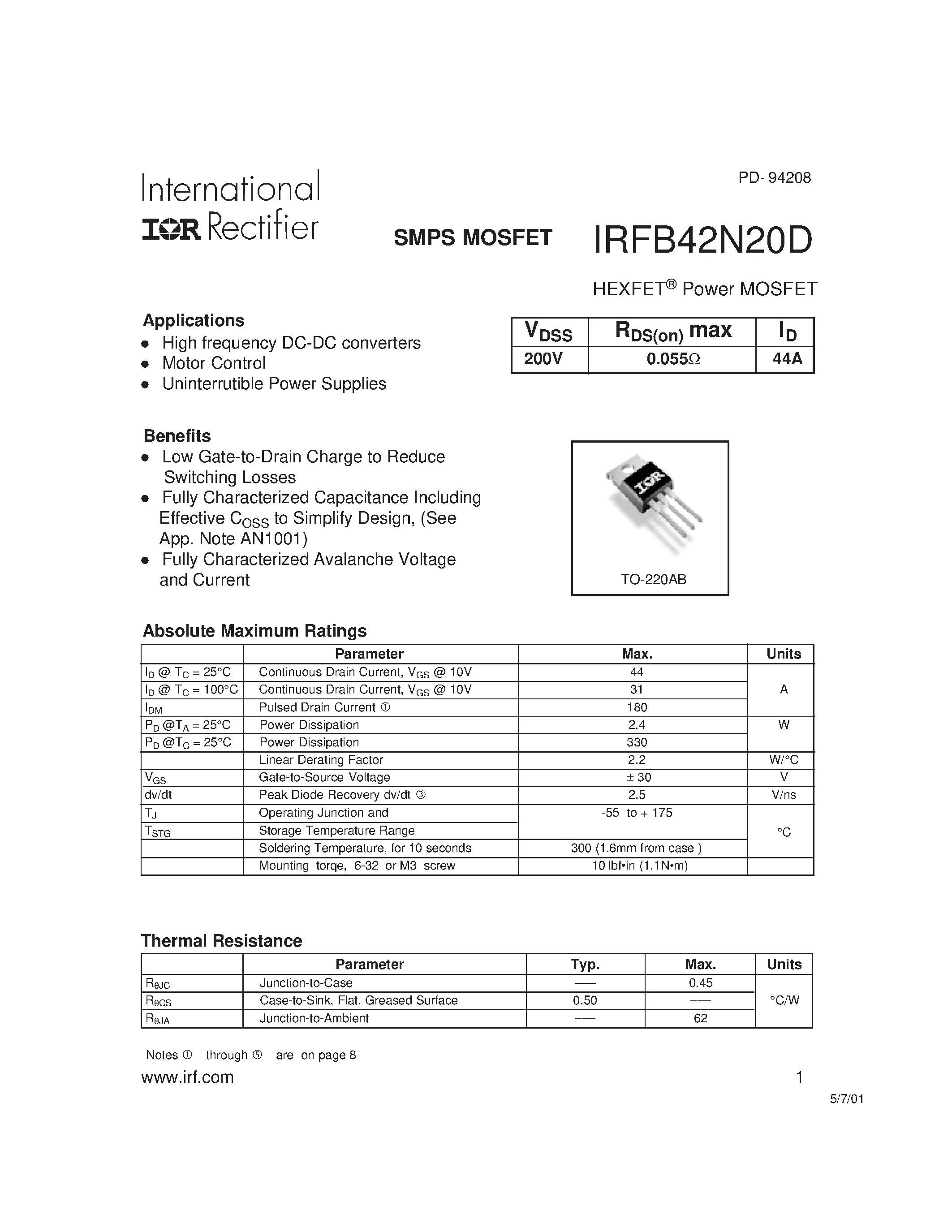 Datasheet IRFB42N20D - Power MOSFET page 1
