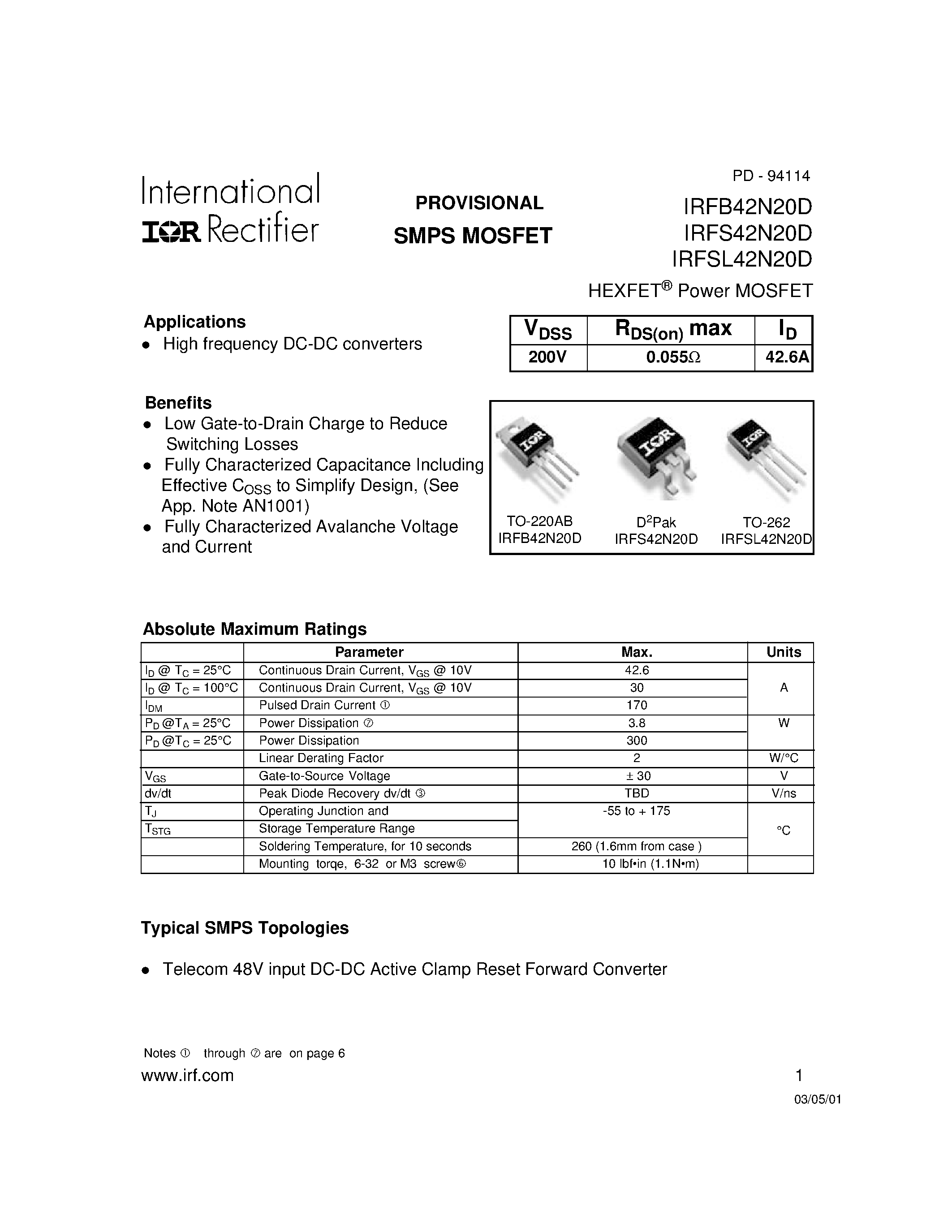 Datasheet IRFB42N20D page 1 Datasheet IRFB42N20D - (IRFx42N20D) High frequency DC-DC converters page 1