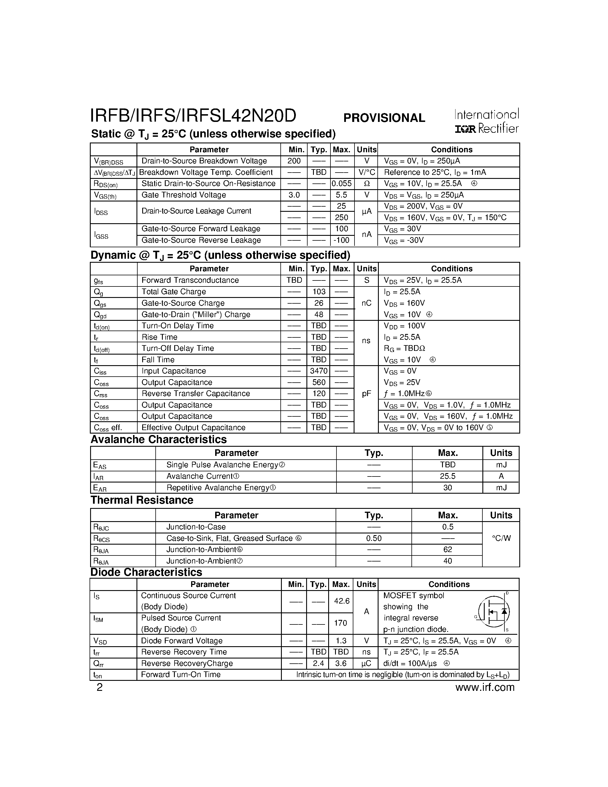 Datasheet IRFB42N20D page 2 Datasheet IRFB42N20D - (IRFx42N20D) High frequency DC-DC converters page 2