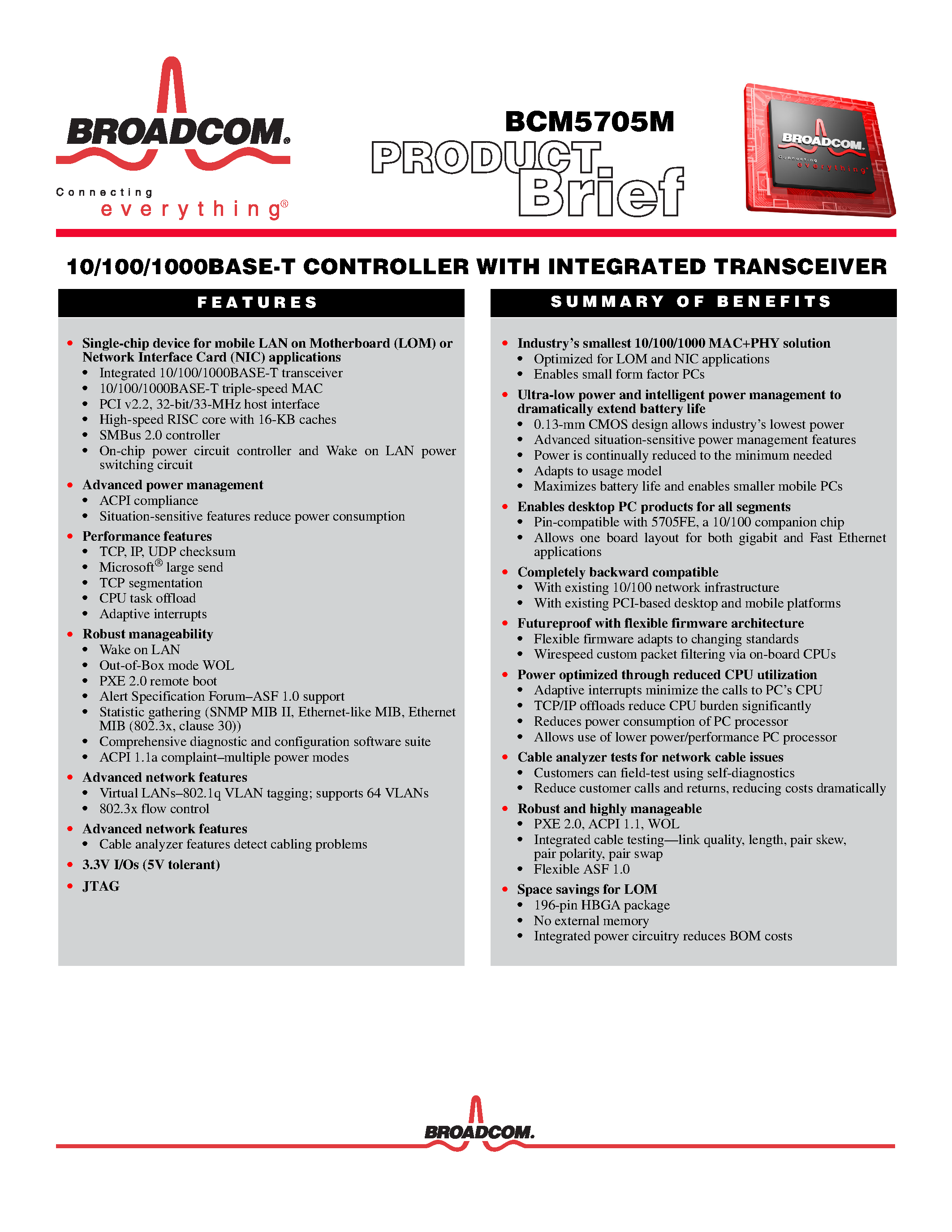 Datasheet BCM5705M - 10/100/1000BASE-T CONTROLLER page 1