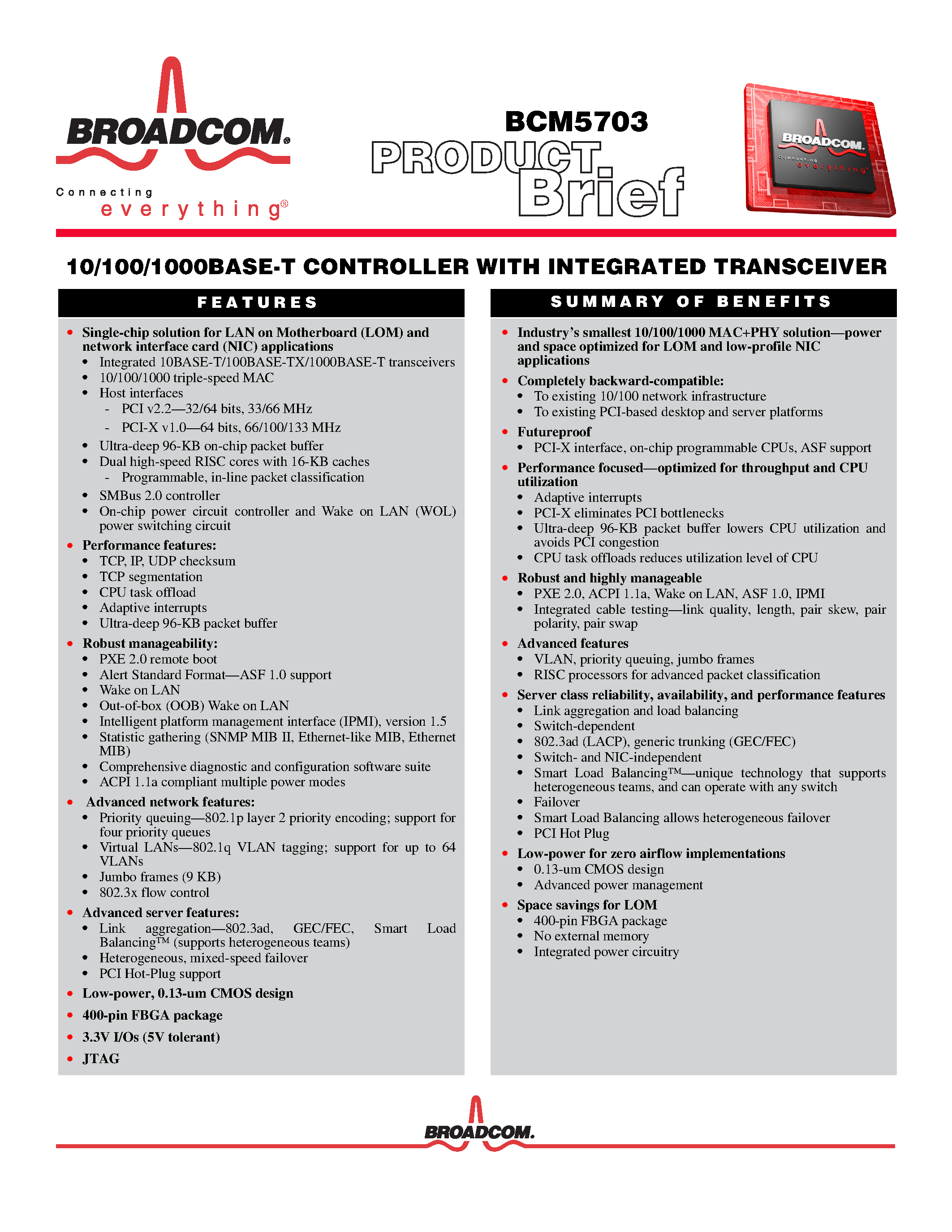 Datasheet BCM5703 page 1 Datasheet BCM5703 - 10/100/1000BASE-T CONTROLLER page 1