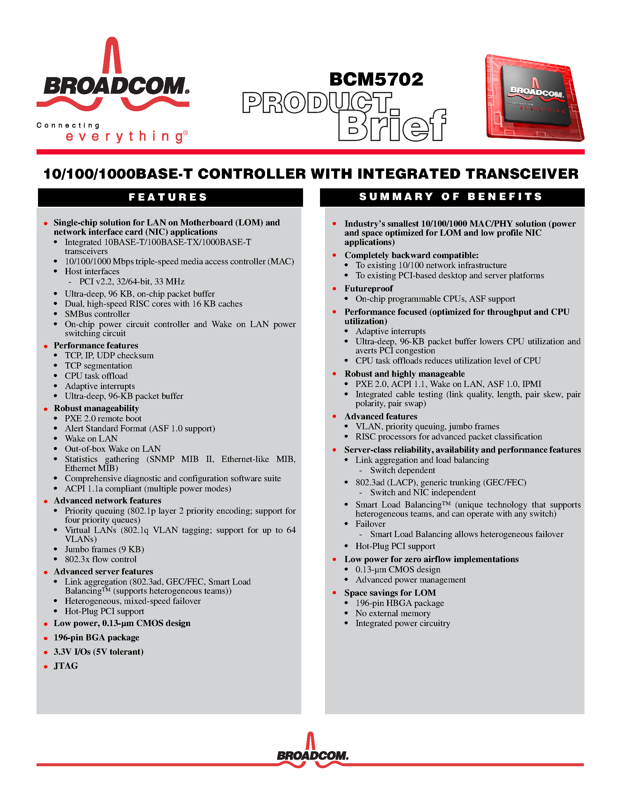 Datasheet BCM5702 - 10/100/1000BASE-T CONTROLLER page 1